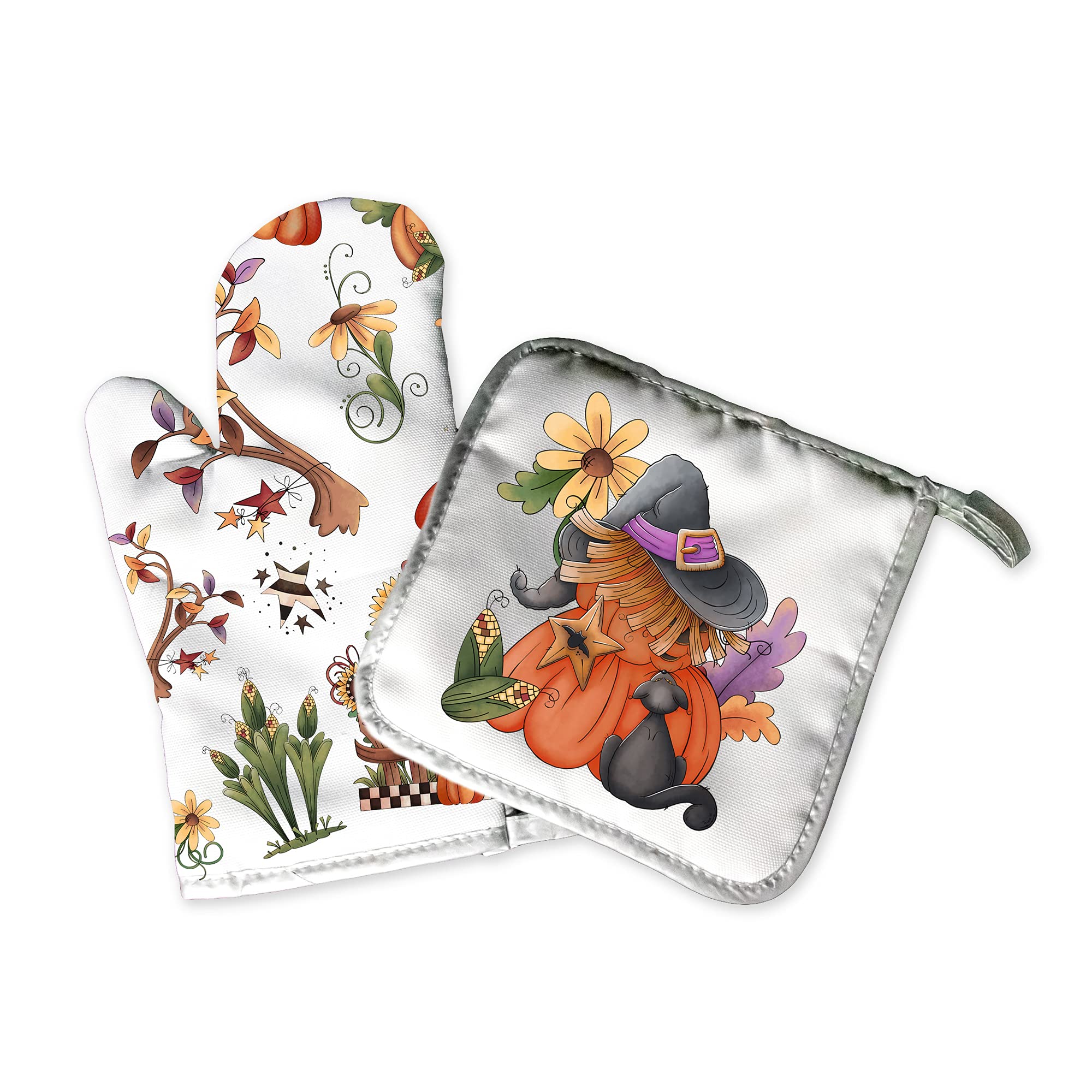 Autumn Fall Halloween Oven Mitts and Pot Holders Set - Rustic Harvest Pumpkin Spice Coffee Themed Kitchen Accessories for Baking, Cooking & Seasonal Home Decor