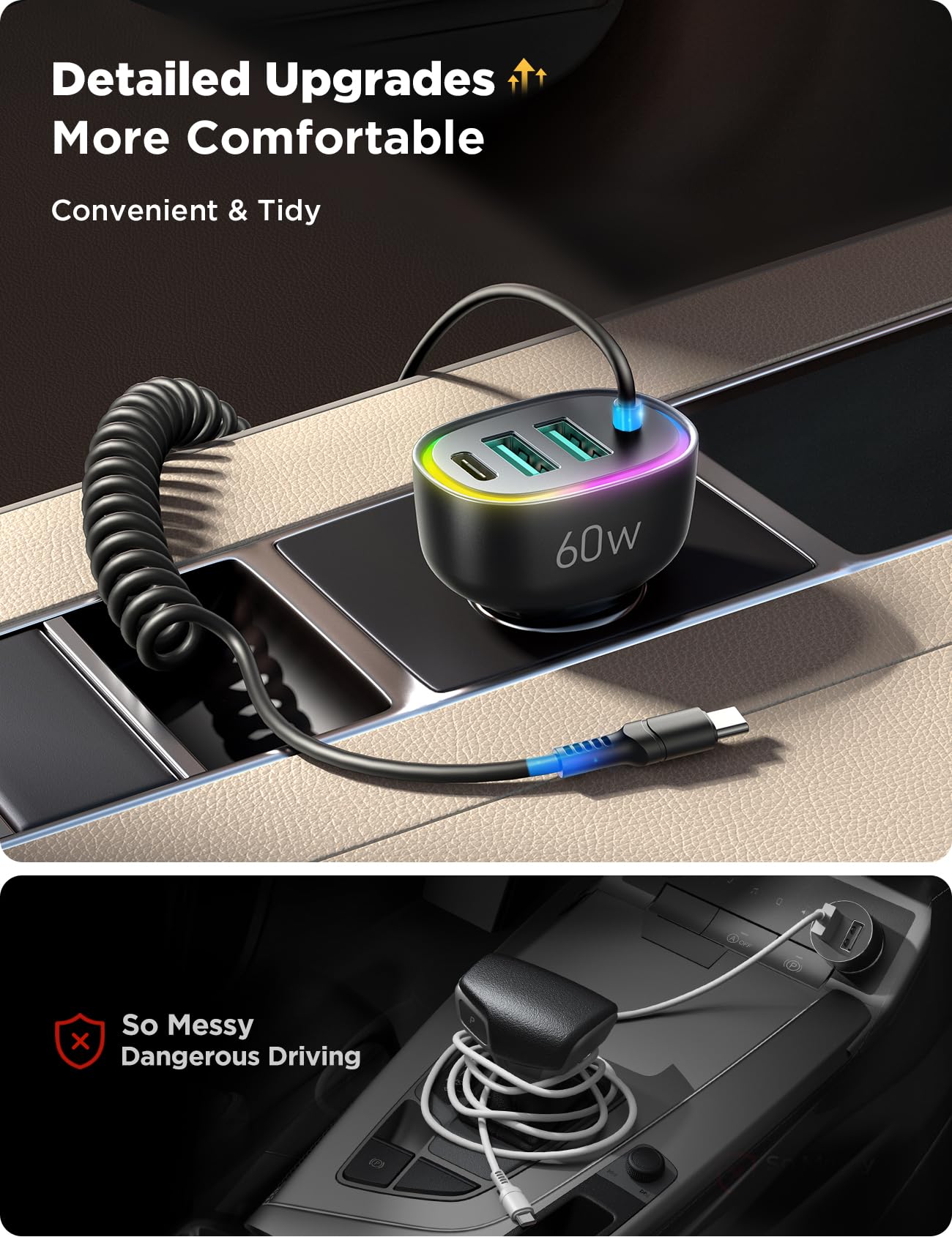 60W USB-C Car Charger with 5ft 30W Coiled Cable - Super Fast Charging for iPhone 16 Pro Max, Samsung Galaxy S24/S23, Google Pixel, iPad Pro - Perfect for Road Trips & Daily Commutes