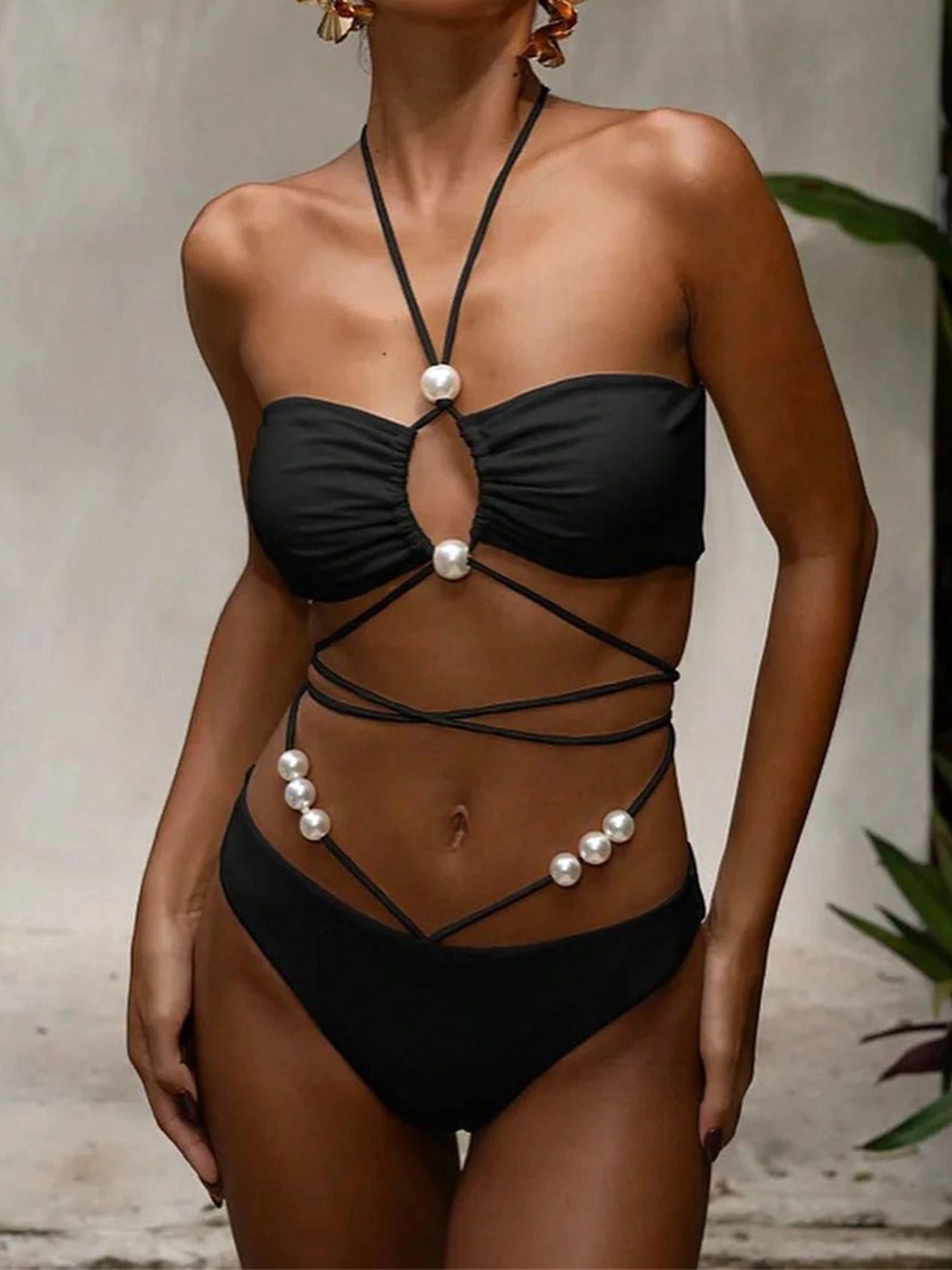 ZASUWA Women's Solid Color Pearl Lace Up Hollow Out 3 Piece Mesh Bikini Set - Sexy Swimwear for Beach, Pool Party & Summer Vacation