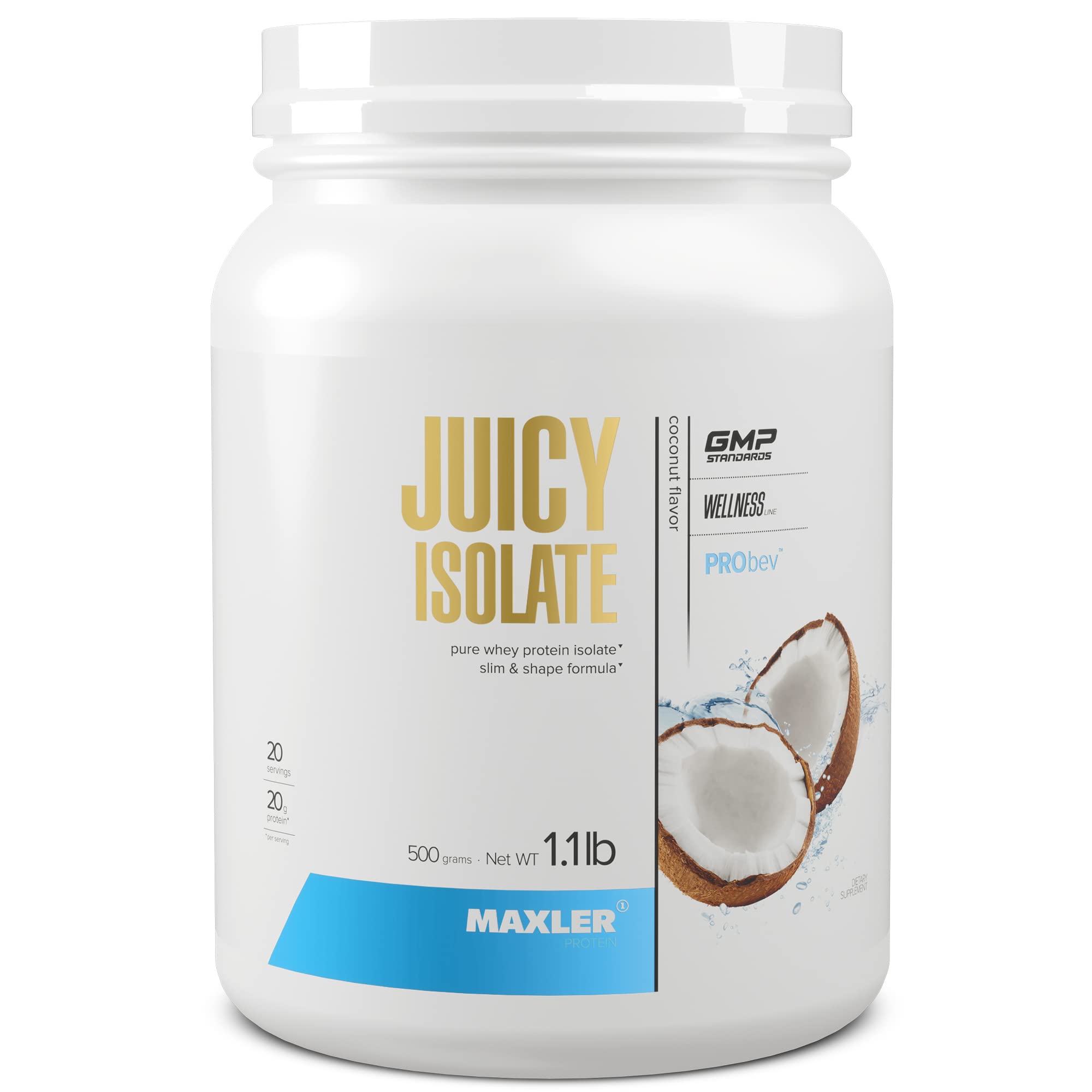 Maxler Juicy Isolate Whey Protein Powder - Low Lactose, Fat Free, Sugar Free Muscle Recovery Drink for Pre & Post Workout - 90% Protein per Serving - Coconut Flavor 1.1 lb (20 Servings) - Perfect for Gym, Fitness & Bodybuilding Recovery