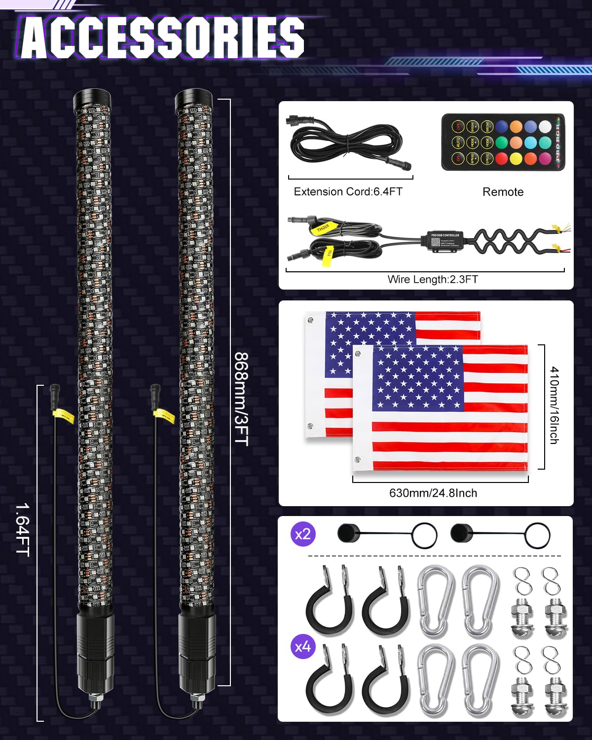 2 Pack 3FT LED Whip Lights for UTV ATV - Adjustable Length, Ultra Bright Spiral Chasing Lights with Rocker Switch, 2 Flags, App & Remote Control - Perfect for RZR, SxS, Can-Am Off-Road Vehicles - Ideal for Night Riding, Trail Adventures & Off-Road Racing