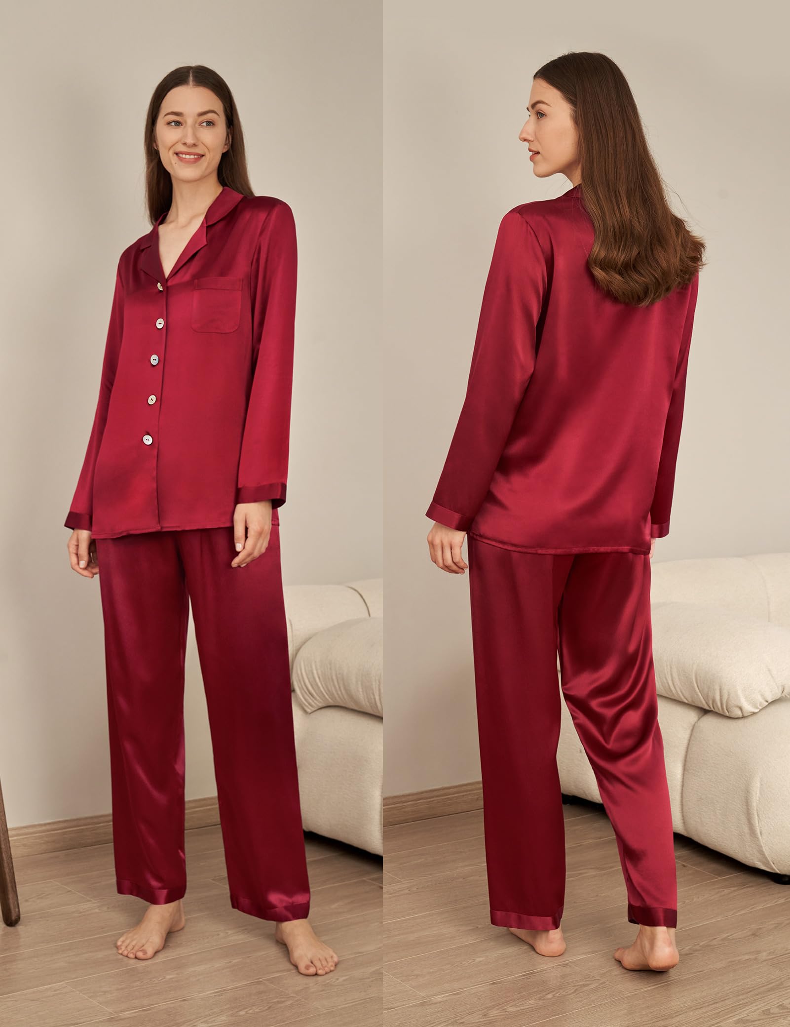 Luxury 100% Mulberry Silk Pajamas for Women - 22 Momme Pure Long Sleeve Full Length Nightwear | Soft Sleepwear for Comfortable Nights & Elegant Lounging