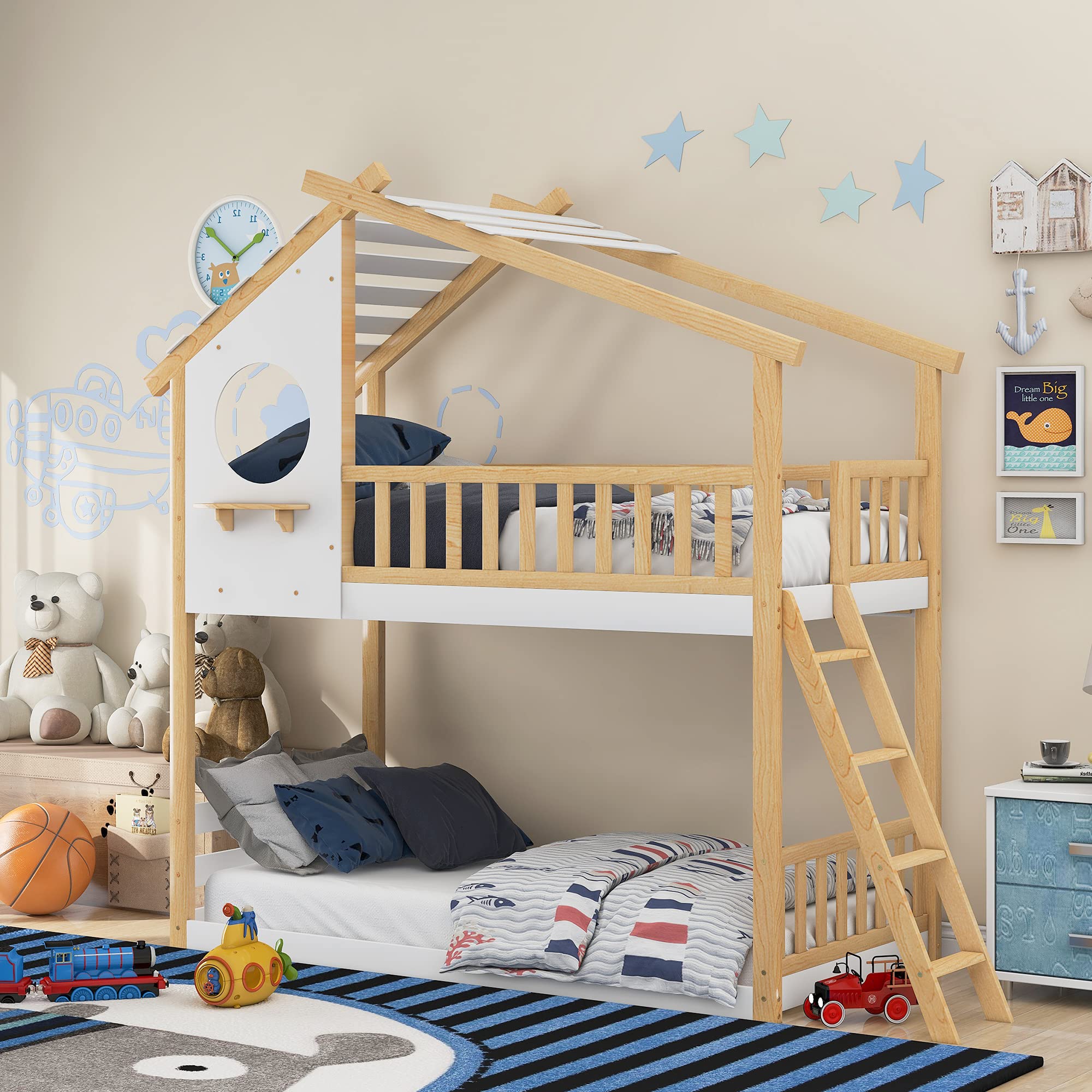 Twin Over Twin Bunk Bed with Roof & Ladder - Solid Wood House Style Loft Bed for Kids, Teens, Boys & Girls - Natural Finish - Perfect for Bedrooms, Playrooms & Small Spaces
