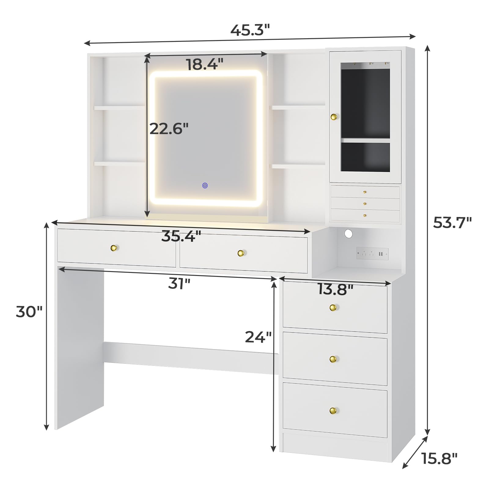 White Makeup Vanity Desk with Charging Station, 3-Layer Jewelry Organizer, Sliding Mirror & LED Lights - 8 Necklace Hooks, 5 Drawers & Storage Shelves - Perfect for Bedroom, Dressing Room & Beauty Salon Organization