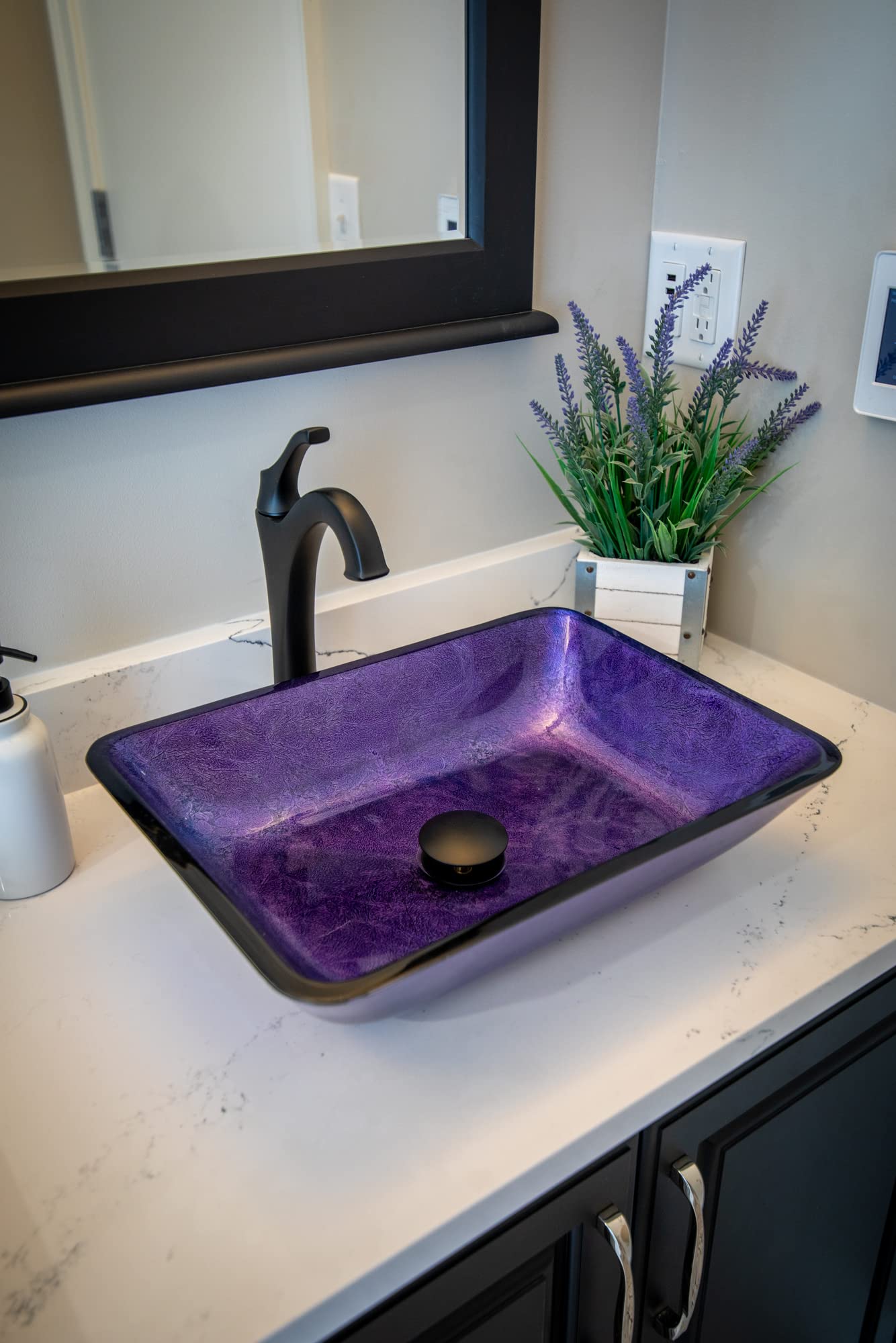 Modern Rectangular Purple Foil Glass Vessel Bathroom Sink - Elegant Vanity Basin for Contemporary Home Decor, Perfect for Powder Rooms and Luxury Bathrooms