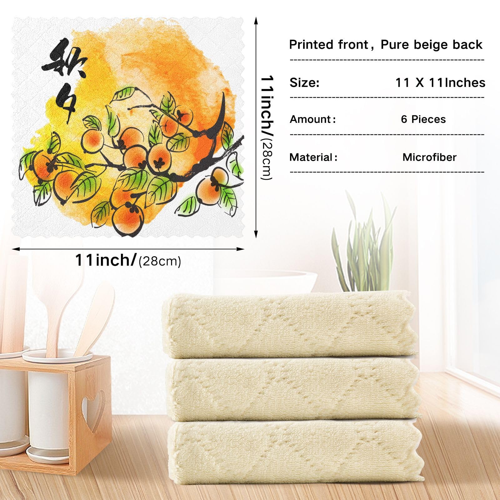 Premium VIGTRO Persimmons Fall Fruit Dish Cloth Towels - Super Absorbent & Fast Drying Kitchen Rags, Reusable Washcloths for Cleaning (11x11 Inch, 6 Pack) - Perfect for Dishes, Countertops & Home Decor