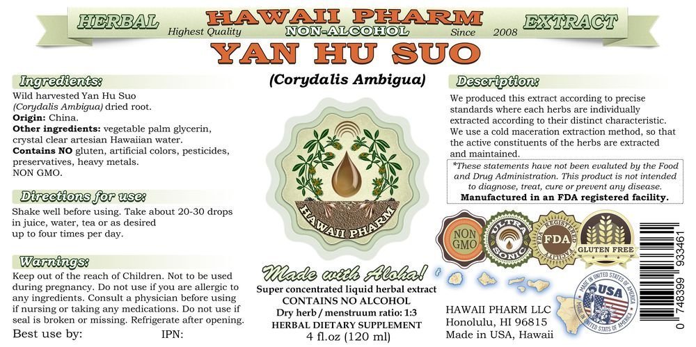 Alcohol-Free Yan Hu SUO (Corydalis Ambigua) Liquid Extract - 64 fl.oz Natural Herbal Root Glycerite Supplement by Hawaii Pharm USA | Pain Relief & Stress Support for Daily Wellness