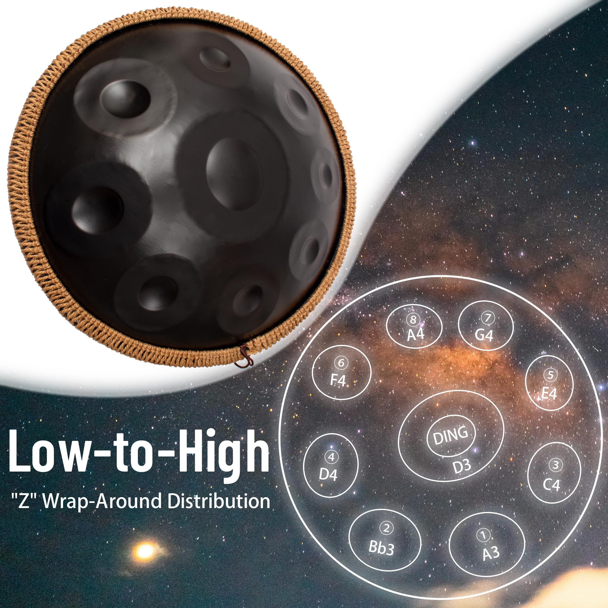 22 Inch D Minor Kurd 9 Notes Handpan Drum - 440Hz Steel Tongue Drum for Beginners, Music Therapy & Meditation | Perfect for Outdoor Performances, Yoga Sessions & Sound Healing (Black)