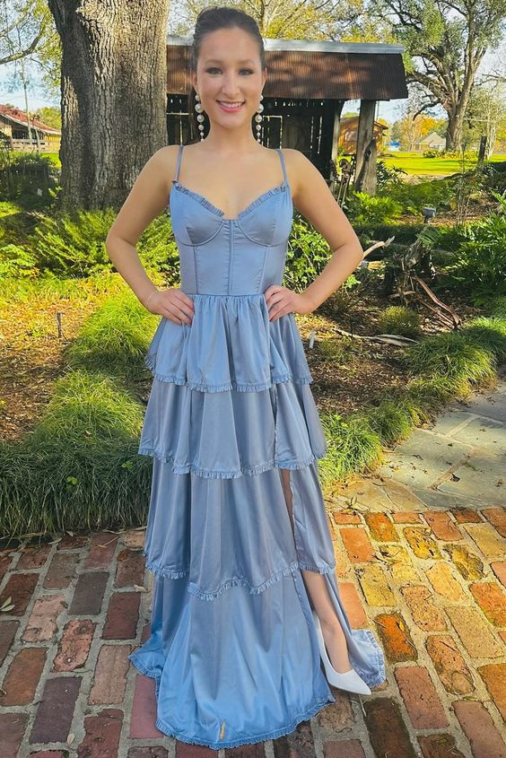 Elegant A-Line Ruffle Long Prom Dress in Blue Satin with High Slit - J4265 | Perfect for Homecoming, Formal Dances & Special Occasions