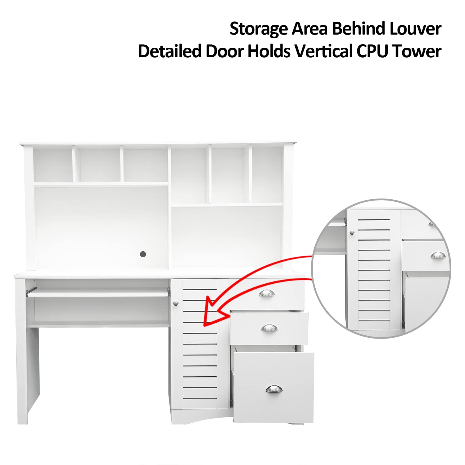 Holaki Wooden Computer Desk with Drawers & Bookshelf - Space Saving Executive Desk for Home Office, Study, or Dorm Room - Includes Keyboard Tray & Hutch in Antiqued White Finish - Perfect for Students, Teens, and Small Spaces
