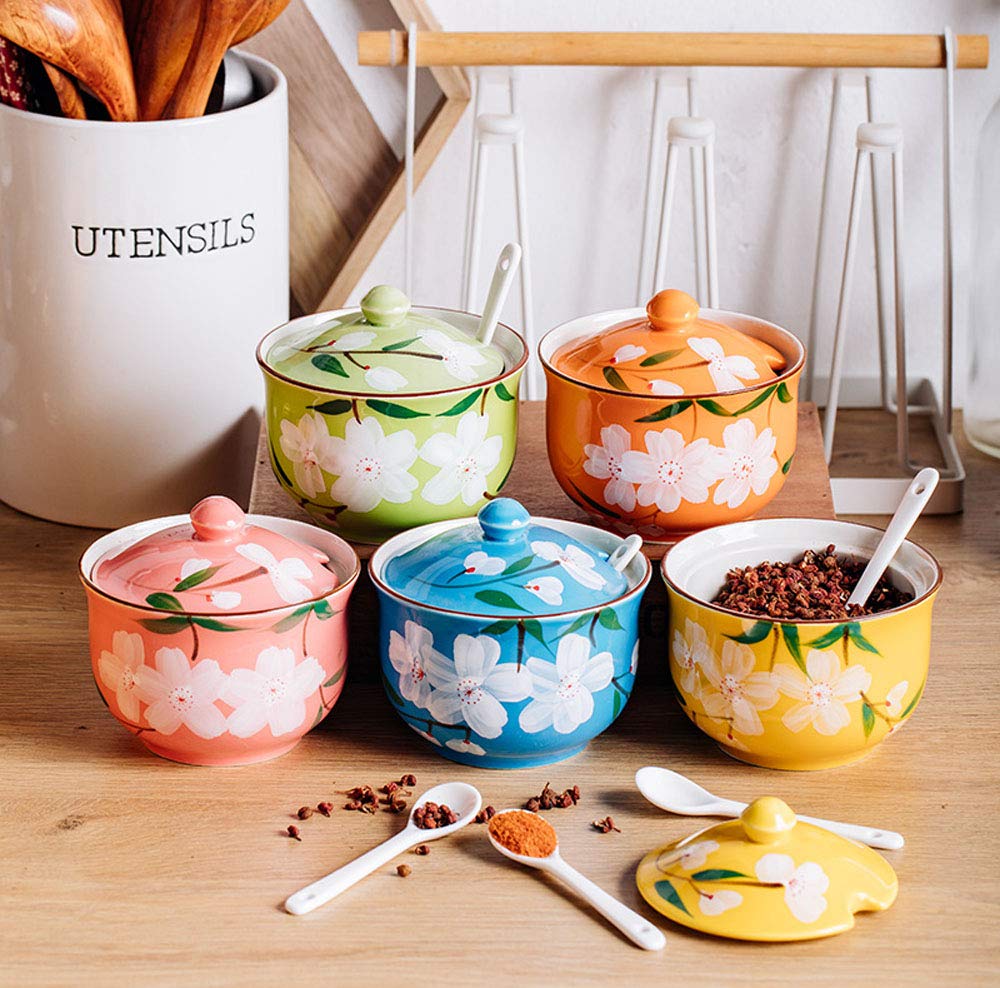 Hand-Painted Floral Ceramic Condiment Jar with Lid & Spoon - Sugar Bowl, Spice Container, Seasoning Pot for Kitchen, Dining Table & Tea Party Decor