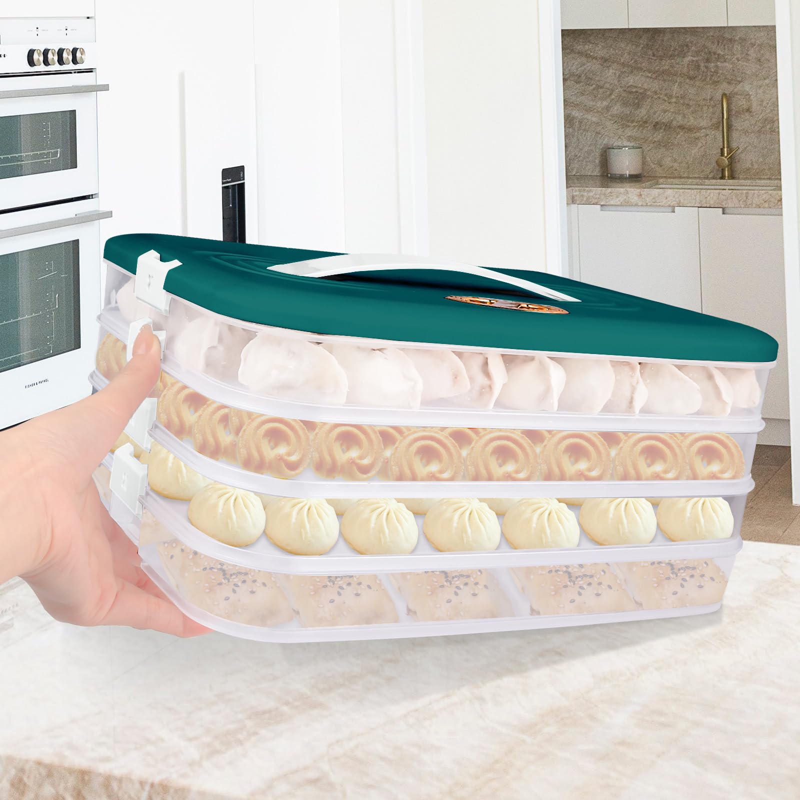 Liatinbo 4-Layer Stackable Cookie Carrier with Lid & Handle - Portable Dessert Container for Cookies, Dumplings, Cupcakes & Pastries - Food Storage & Transport Solution (Blue) - Perfect for Parties, Picnics & Baking Events