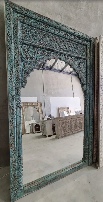 Hand Carved Extra Large Jharokha Leaner Standing Floor Mirror - Elegant Wooden Wall Mirror for Living Room, Bedroom & Entryway Decor - Perfect for Home Decor, Wedding & Photo Backdrop