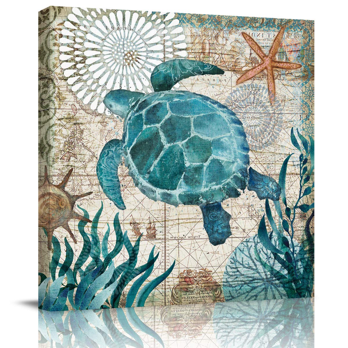Blue Vintage Style Oil Painting on Canvas - Turtles, Corals & Starfish Wall Art - Modern Home Decor for Living Room - Ready to Hang 24x24 Inches - Perfect for Beach House, Coastal Decor & Ocean Themed Spaces