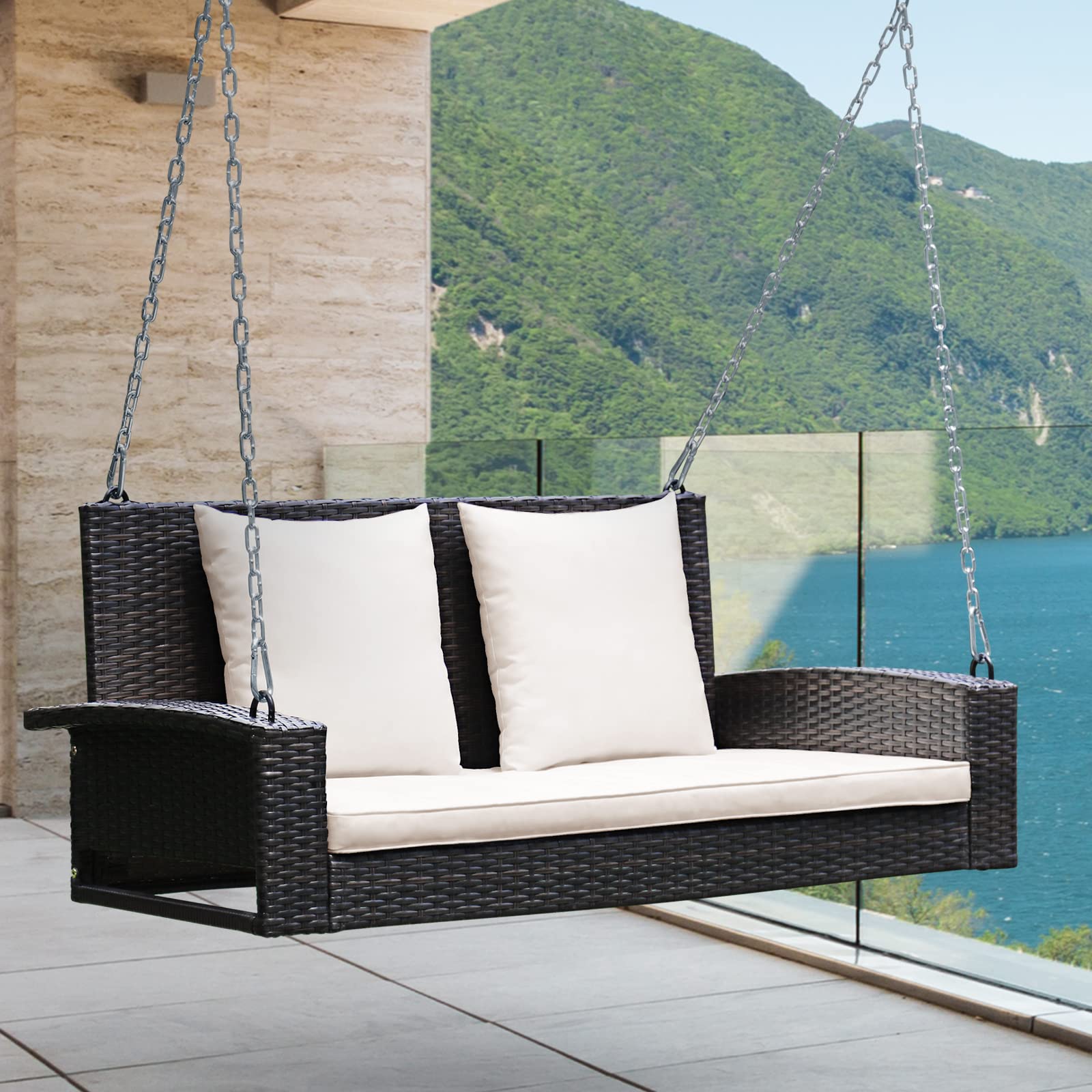 RELAX4LIFE 2-Person Outdoor Porch Swing - Rattan Wicker Hanging Chair with 7.9ft Steel Chains & Cushions - Beige Patio Swing for Front Porch, Garden, Backyard, Deck - Perfect for Relaxing, Reading & Enjoying Nature