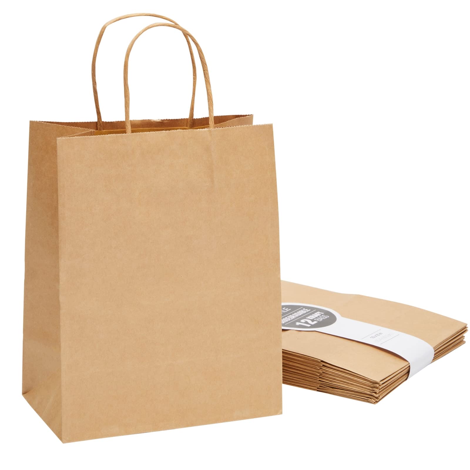 12 Pack Medium Brown Paper Bags with Handles - 8x4.75x10 Inch Bulk Party Favor Bags for Gifts, Goodie Bags, Wedding Favors & Retail Packaging - Eco-Friendly Kraft Gift Bags for Candy, Cookies & Small Presents
