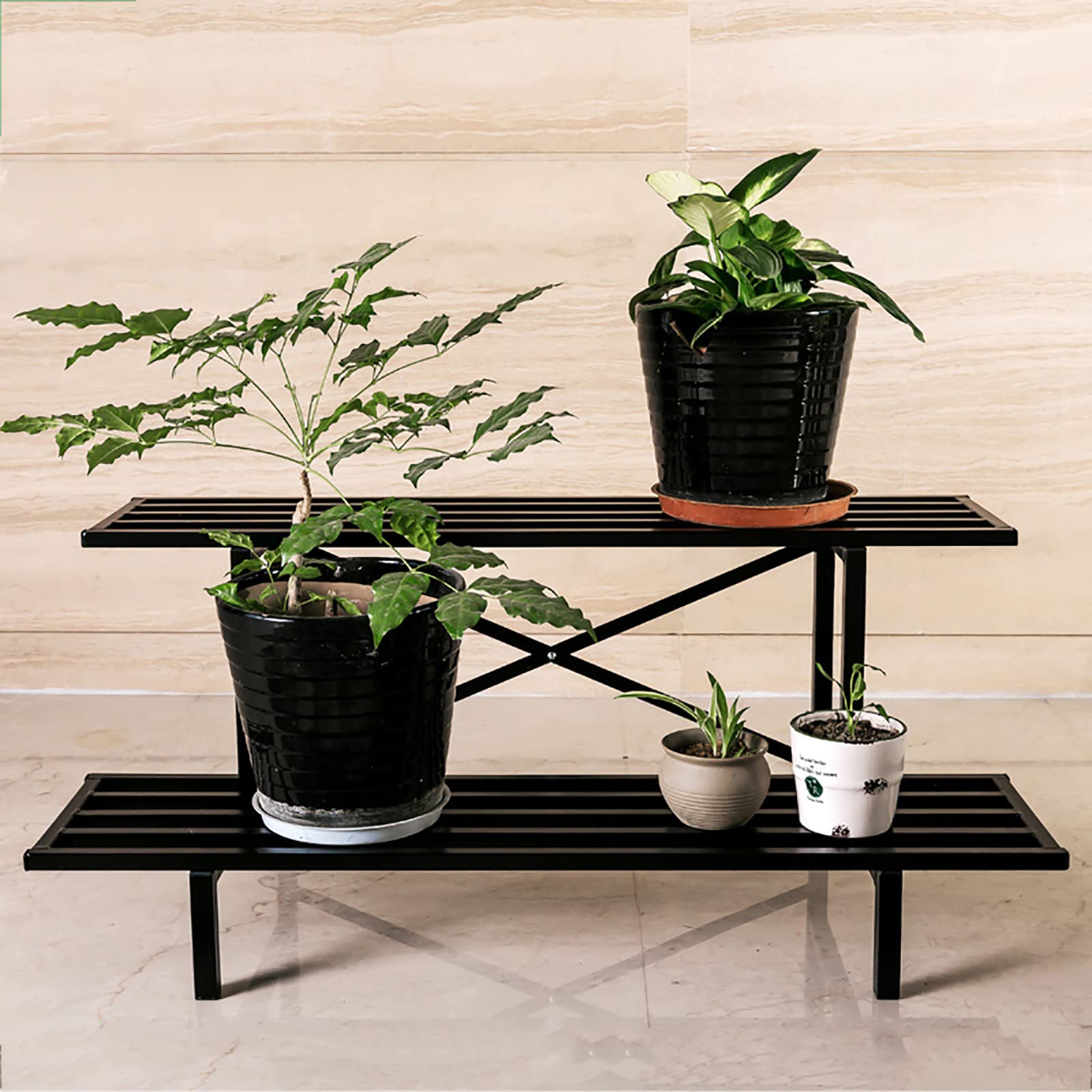 Y&A 2-Tier Heavy Duty Metal Plant Stand for Indoor & Outdoor Use - Stepped Flower Pot Holder Shelf Rack (Black, 35x17x14 Inch) - Perfect for Patio, Garden, Balcony & Home Storage Organization