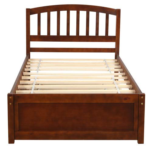 Twin Size Wooden Platform Bed Frame with Trundle Drawer - Solid Walnut Finish | Space-Saving Storage Solution for Small Bedrooms, Guest Rooms & Kids Rooms