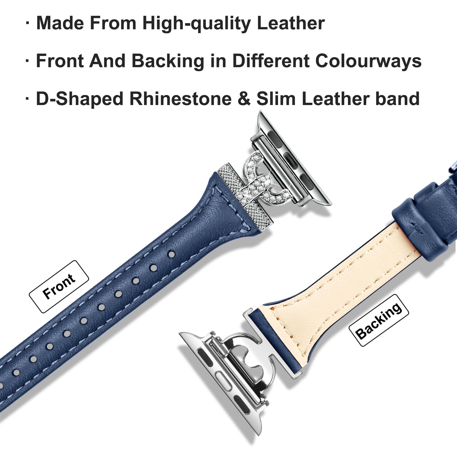 OULUCCI Slim Leather Apple Watch Bands for Women - Compatible with Series 10/9/8/SE/7/6/5/Ultra/4/3/2/1, 38mm/40mm/41mm/42mm/44mm/45mm/46mm/49mm - D-Shape Diamond Design for Workout, Office & Daily Wear