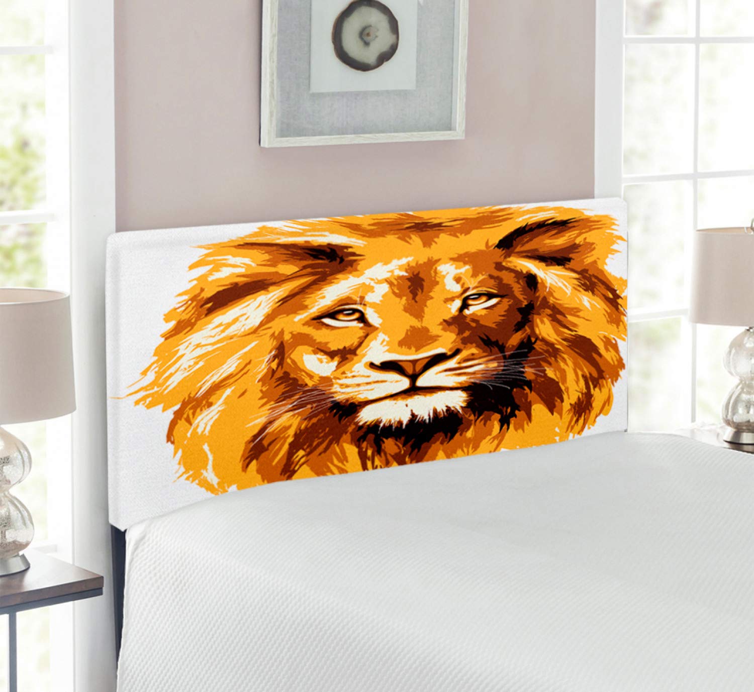 Ambesonne Savannah Headboard - Lion Illustration, Africa's Biggest Cat in Tropical Art Print | Upholstered Decorative Metal Bed Frame with Memory Foam | Twin Size in Orange & White | Perfect for Jungle-Themed Bedrooms & Wildlife Lovers