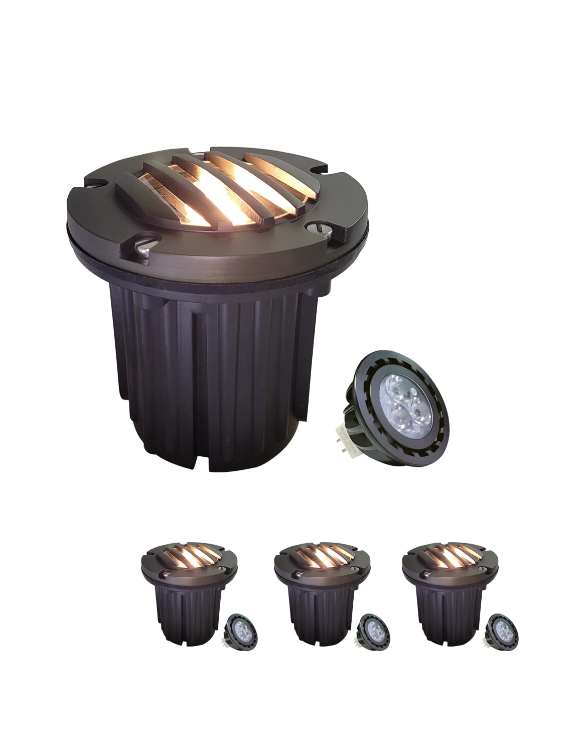 12V Low Voltage MALORY Brass Landscape Well Lights (5''H) - 4 Pack with MR16 Bulbs for Outdoor Pathway, Driveway & Garden Lighting | Weather-Resistant In-Ground Lights for Patio, Yard & Landscape Design
