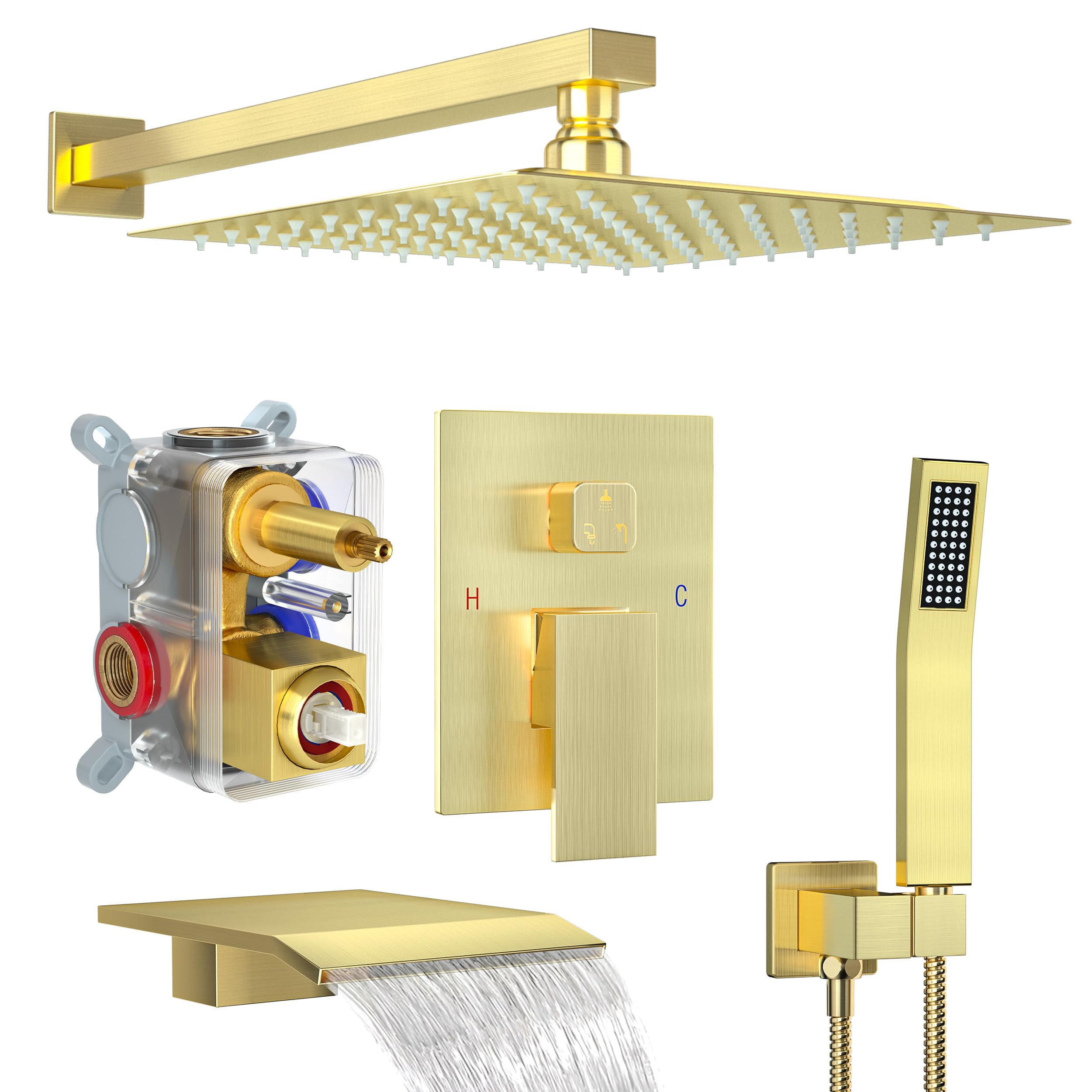 Brushed Gold Shower System with Tub Spout - 12 Inch Rain Shower Head & Handheld Shower Combo - Wall Mounted Bathroom Faucet Set for Luxurious Spa Experience at Home