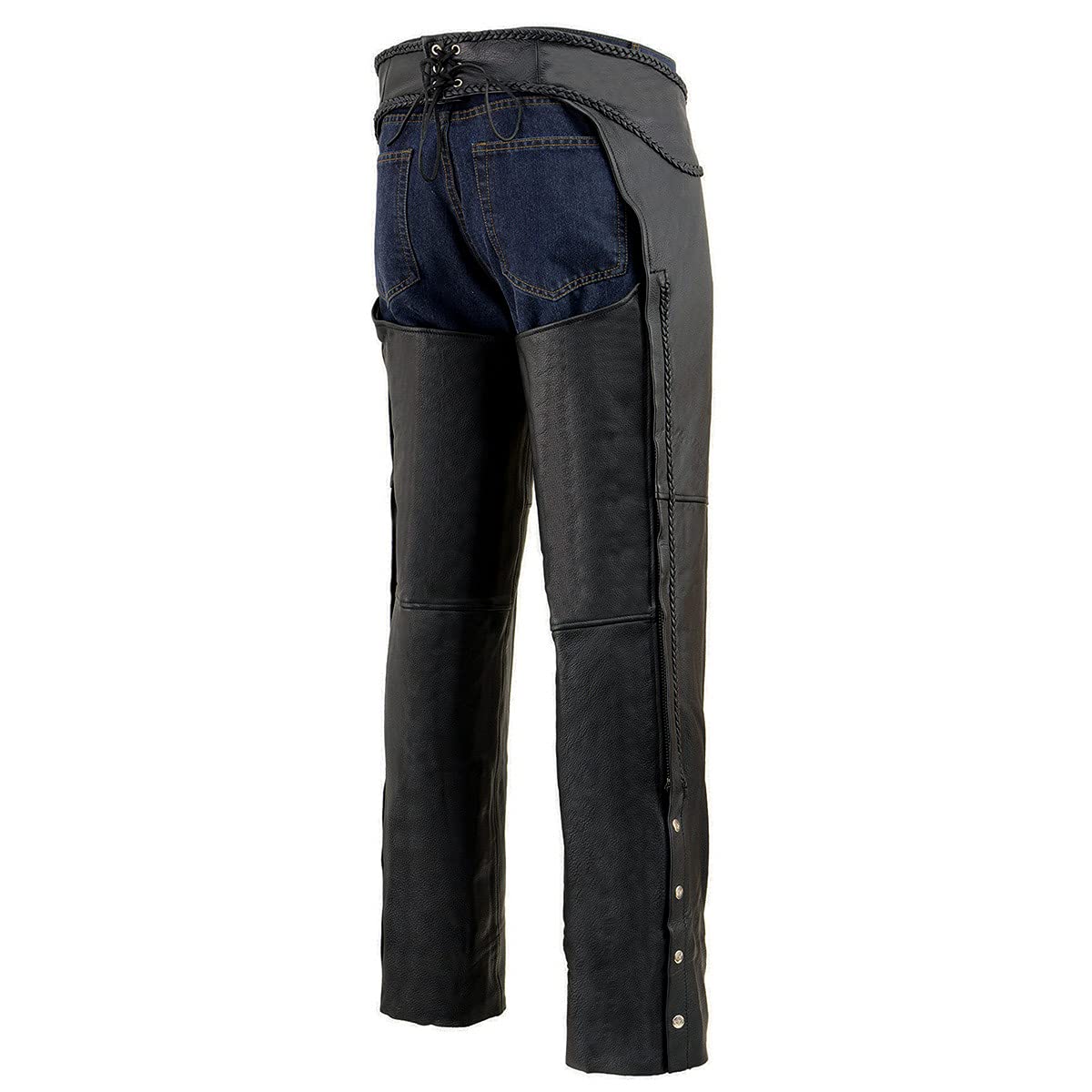 Premium Black Braided Leather Motorcycle Chaps for Men - Heavy Duty Riding Protection with Front Coin Pocket (ML1135) | Ideal for Harley, Cruiser & Adventure Biking