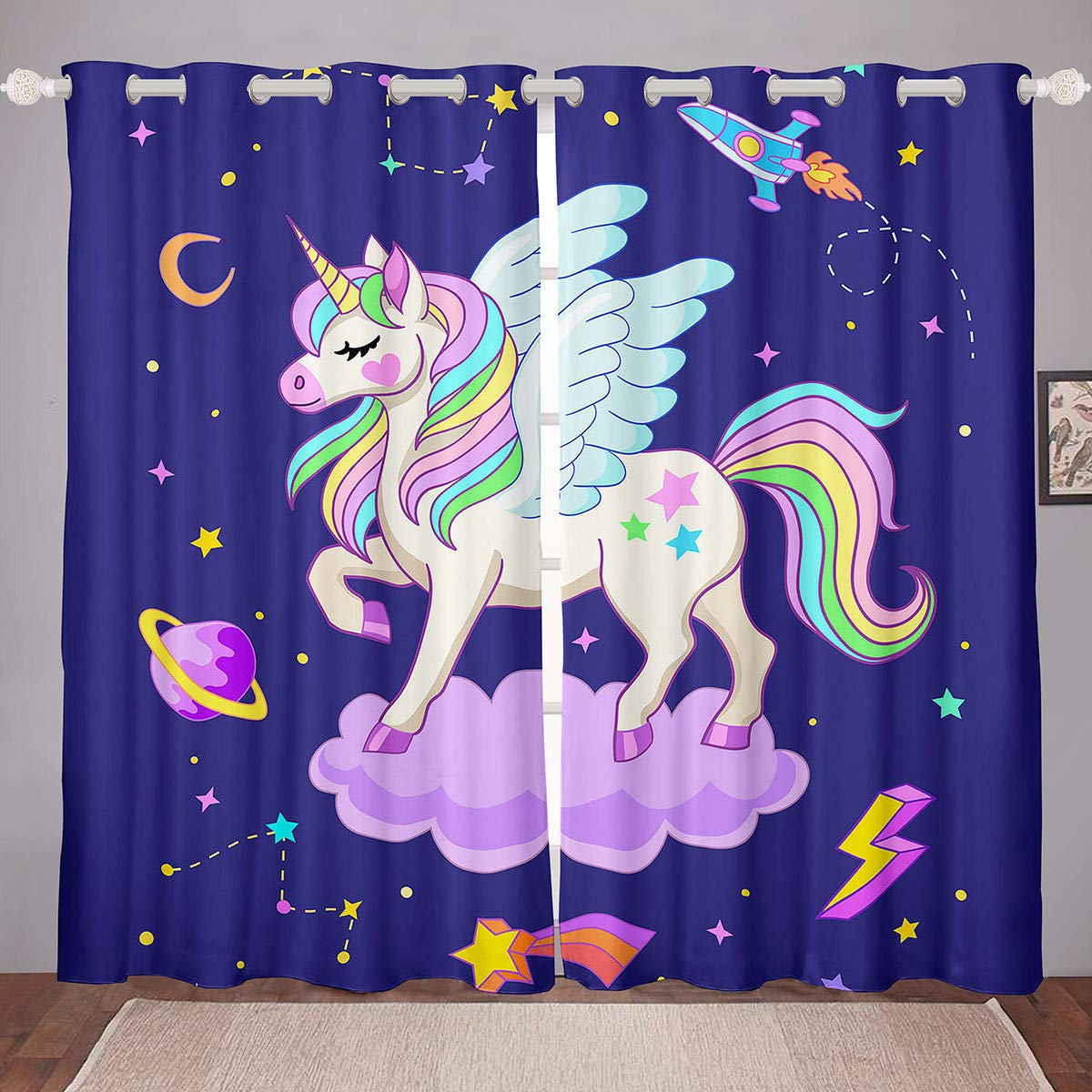 Manfei Unicorn & Space Themed Window Curtains - Moon Rocket Planet Cloud Decor with Winged Unicorn Design - Steel Grommet Top Blackout Drapes - 2 Panel Set (76x45 Inches) - Perfect for Kids' Room, Nursery, or Playroom Decor