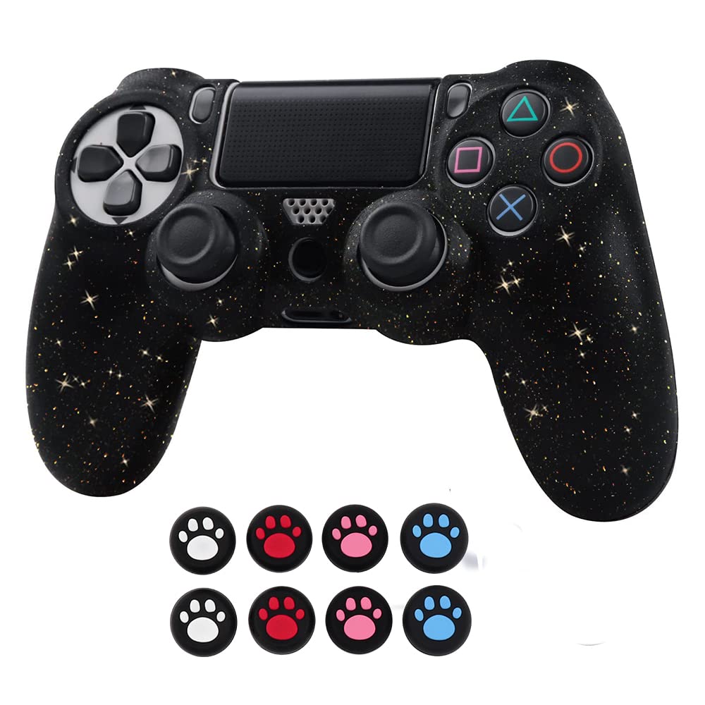 ROTOMOON PS4 Glitter Silicone Controller Cover with 8 Thumb Grips & L2 R2 Trigger Protector - Anti-Slip, Sweat-Proof Skin for Playstation 4 Slim/Pro Controller - Perfect for Gaming, Streaming & Long Play Sessions