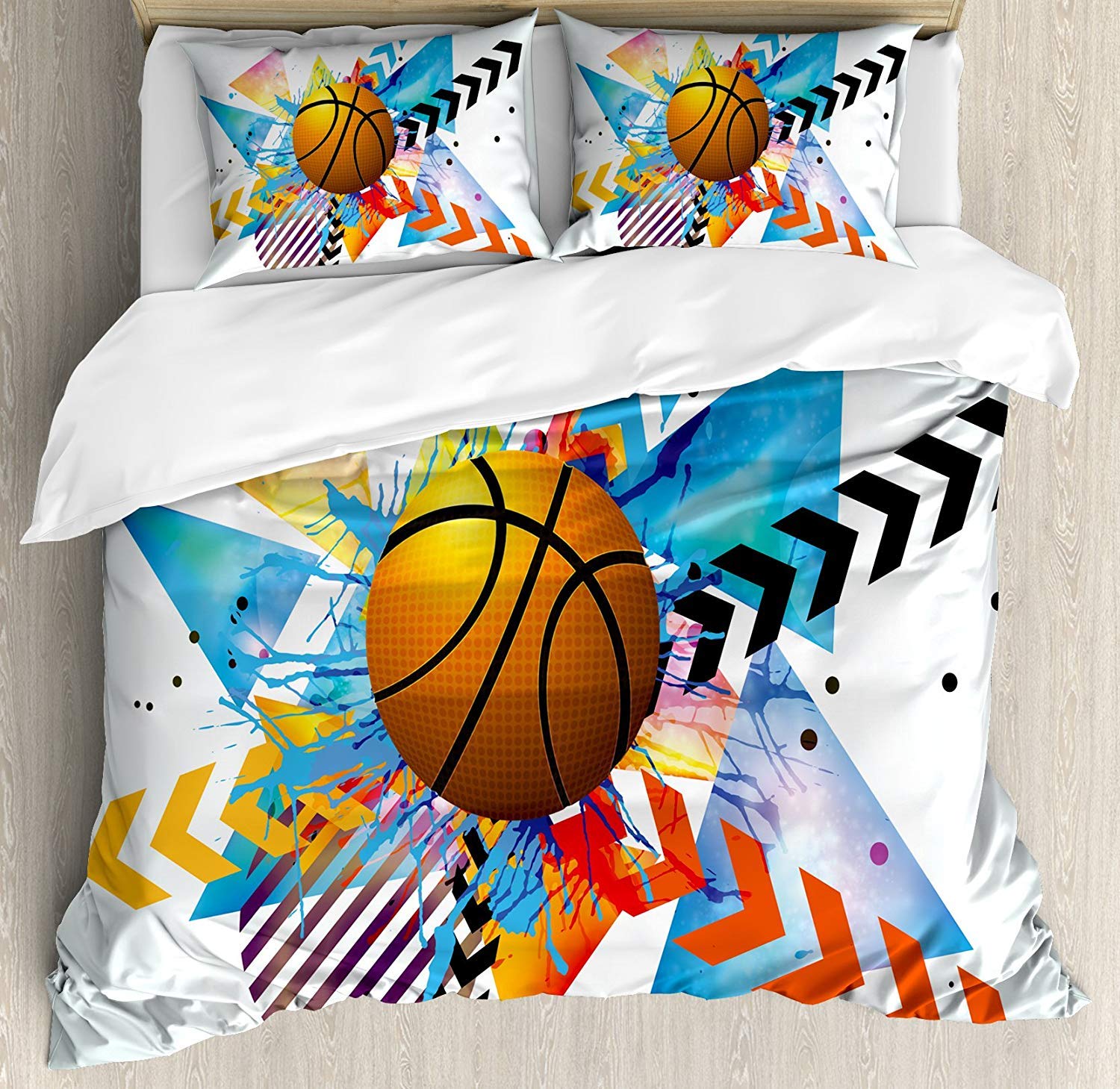 3 Piece Twin Size Bedding Set - Basketball Themed Geometric Duvet Cover with 2 Pillow Shams - Minimalist Teen Room Decor for Boys & Girls - Perfect for Dorm, Bedroom, and Sleepovers