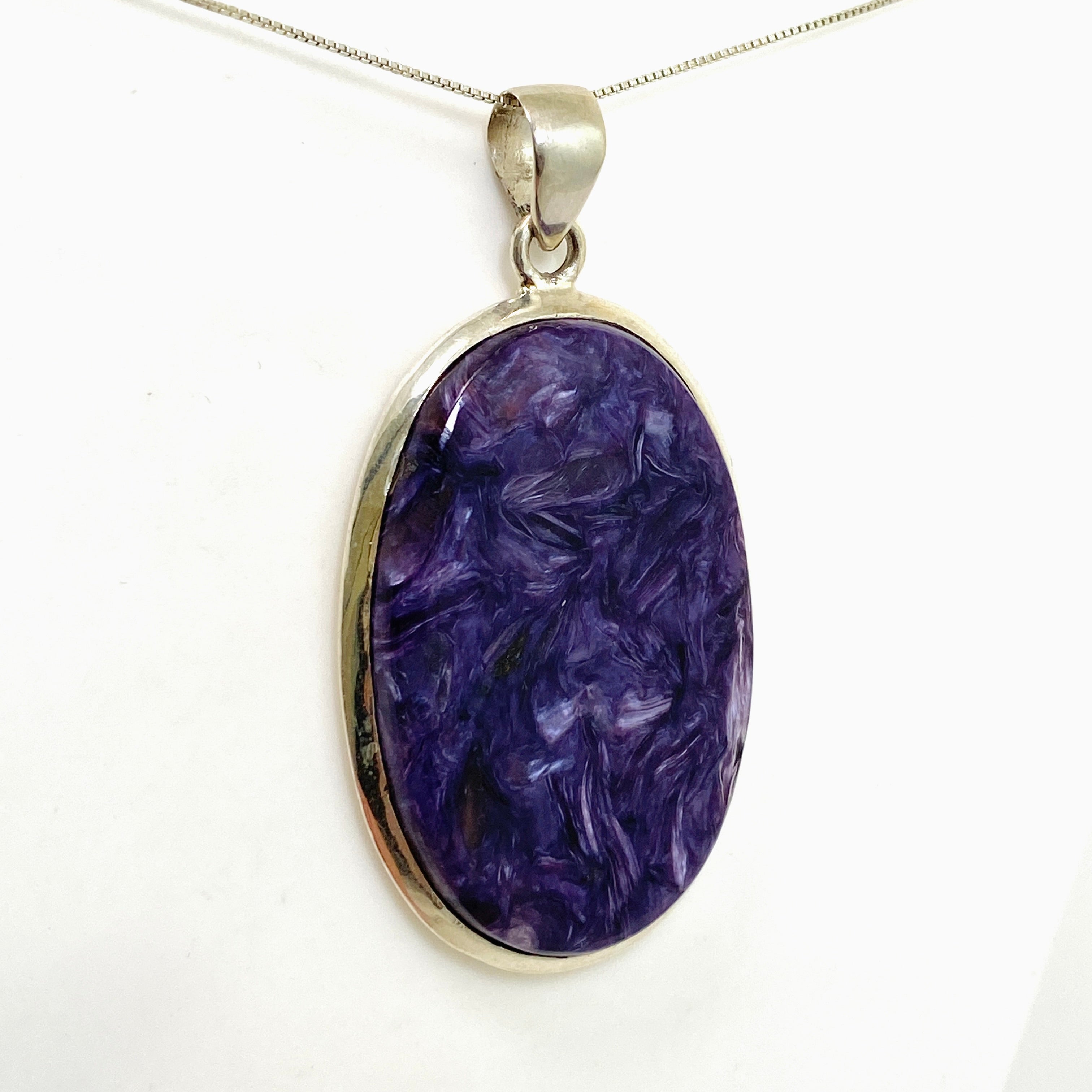 Natural Charoite Oval Cabochon Pendant - Handcrafted Silver Jewelry for Women | Perfect for Meditation, Energy Healing & Spiritual Gifts