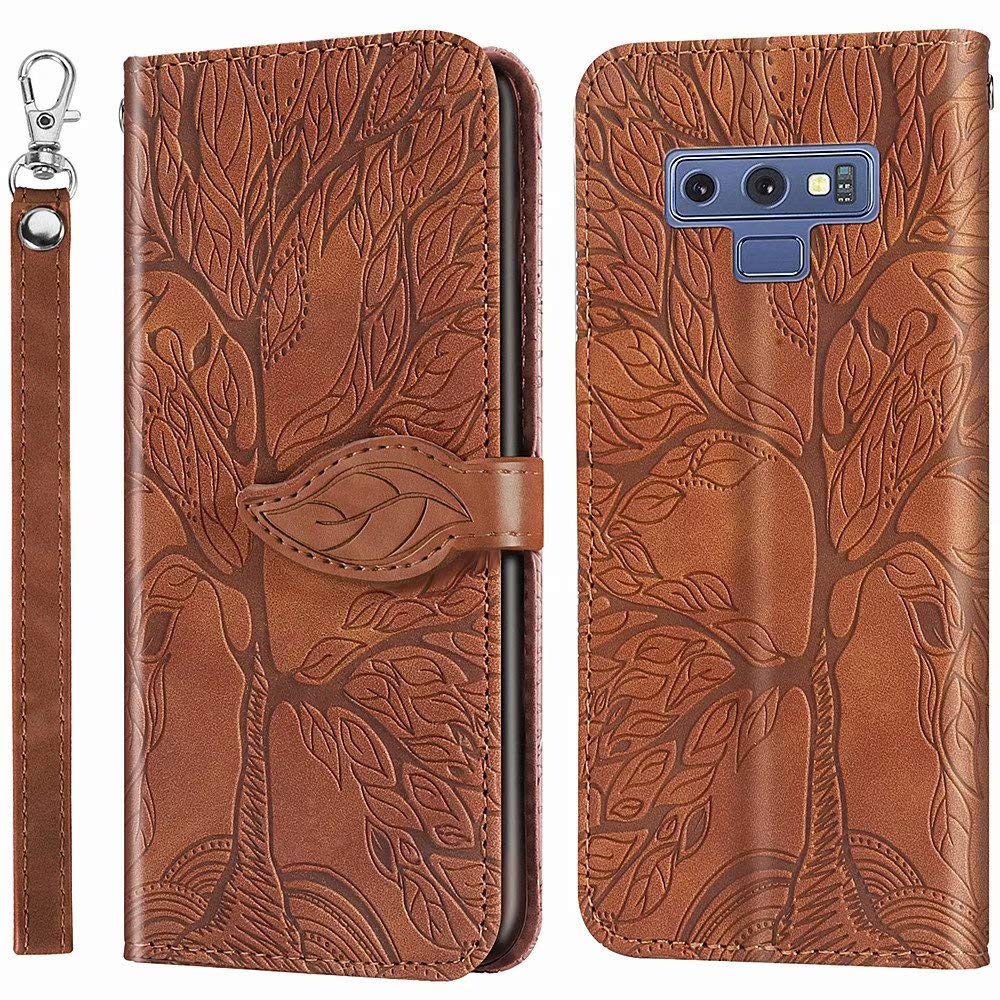Premium PU Leather Wallet Case for Samsung Galaxy Note 9 - Embossed Tree Design, Folio Flip Cover with Kickstand, Card Slots & Wrist Strap | 6.4 inch Protective Phone Cover (R-Brown) | Perfect for Business, Travel & Everyday Use