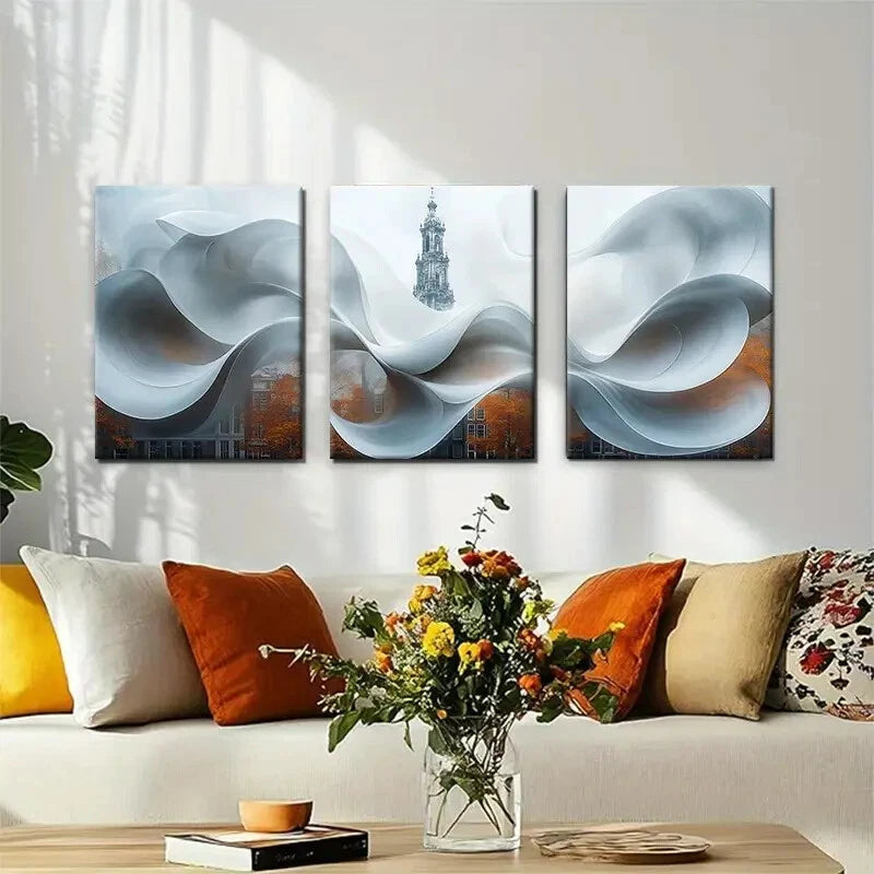 3-Piece Abstract Cityscape White Curves Wall Art Set - Framed Canvas 40x60cm (16x24in) - High Quality Print - Ready to Hang - Modern Home & Office Decor - Perfect for Living Room, Bedroom or Workspace