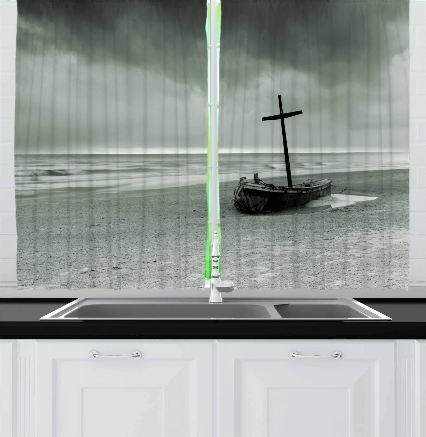 Ambesonne Shipwreck Themed Black and White Kitchen Curtains - 55
