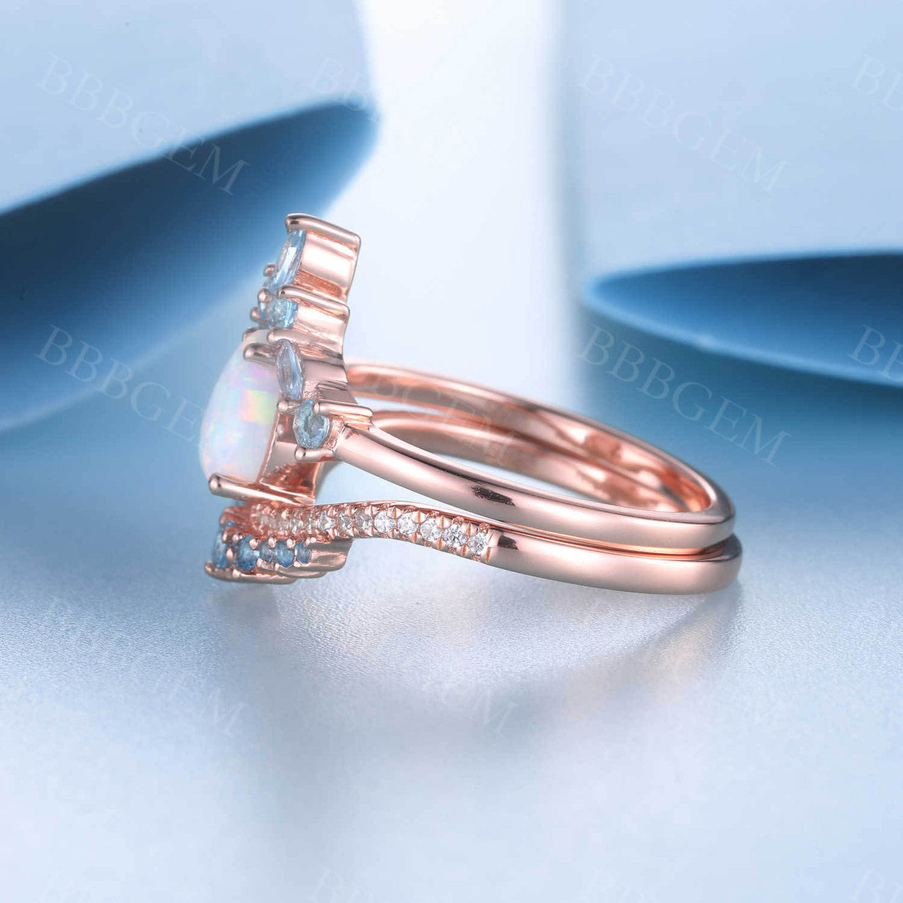 Vintage Opal Engagement Ring Set in Rose Gold with Blue Topaz Stacking Band - Unique Curved Wedding Bridal Jewelry Set for Proposal, Anniversary & Special Occasions