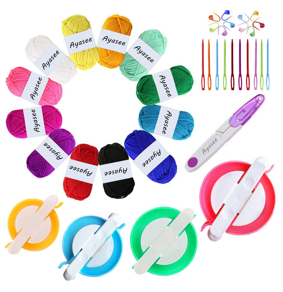 Pom Pom Maker Kit with 4 Pompom Makers, 12 Acrylic Yarn Skeins, 10 Knitting Stitch Markers, 10 Plastic Needles & Scissors - DIY Craft Supplies for Knitting, Crochet, Home Decor & Gift Making