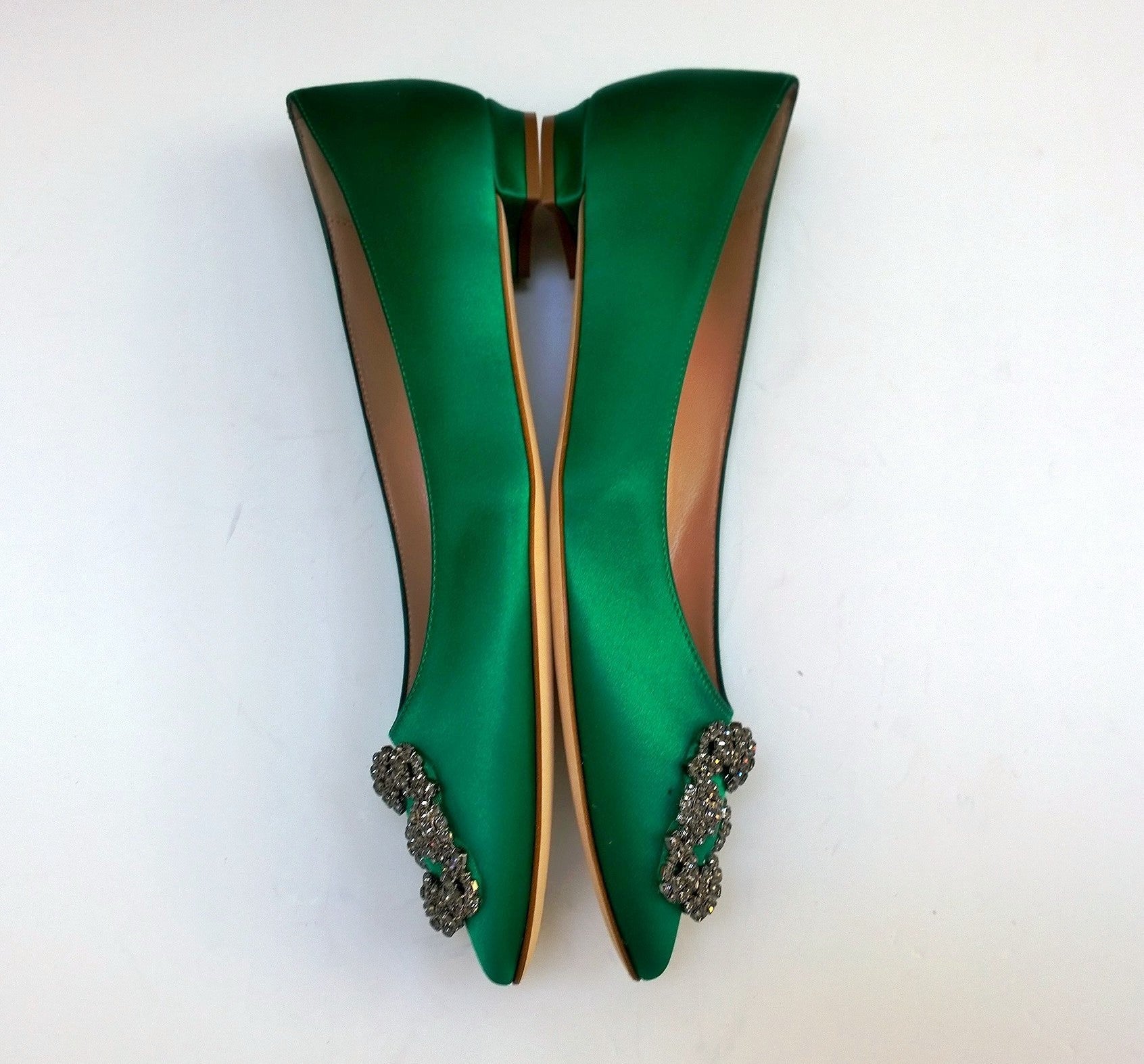 Manolo Blahnik Hangisi Flats - Bright Green Satin Rhinestone Buckle Shoes with Strass Crystals | Elegant Evening Wear & Wedding Party Shoes for Women