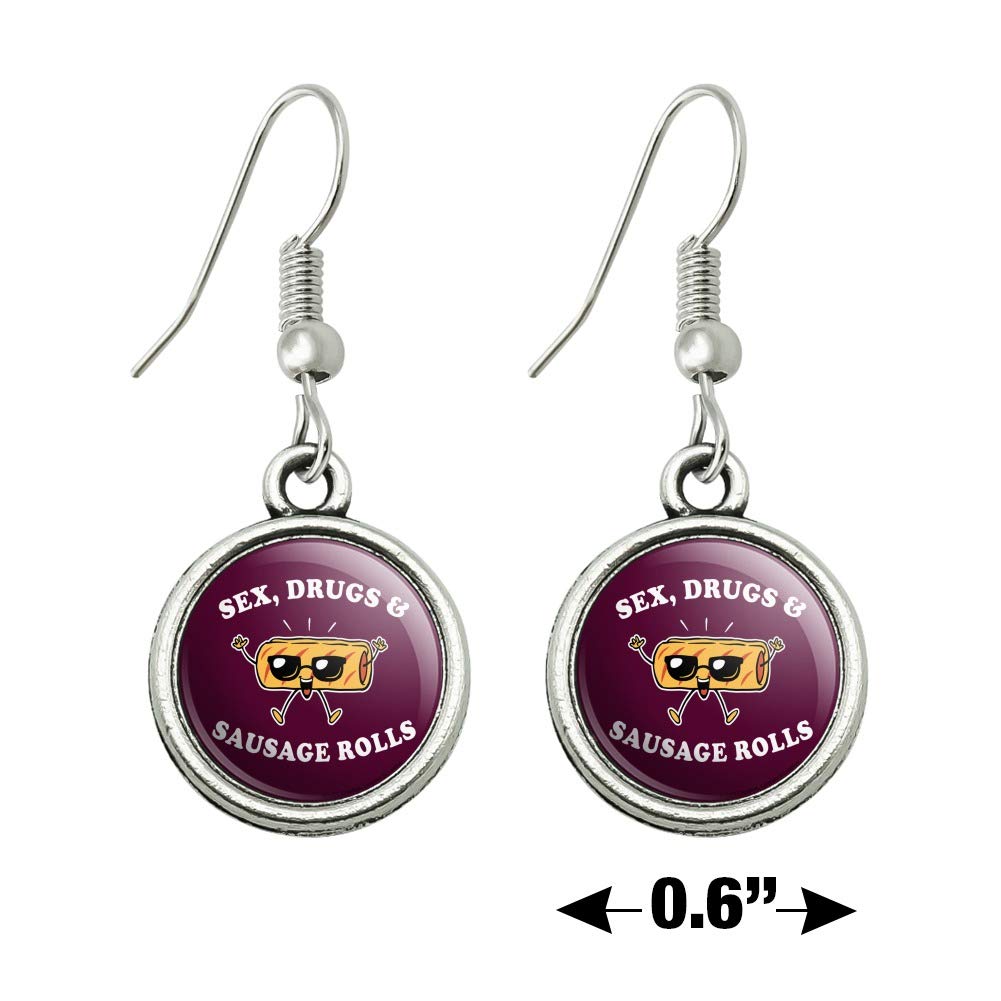 Funny Novelty Drop Charm Earrings - Sex Drugs and Sausage Rolls Humor Design | Perfect for Parties, Gifts & Everyday Wear