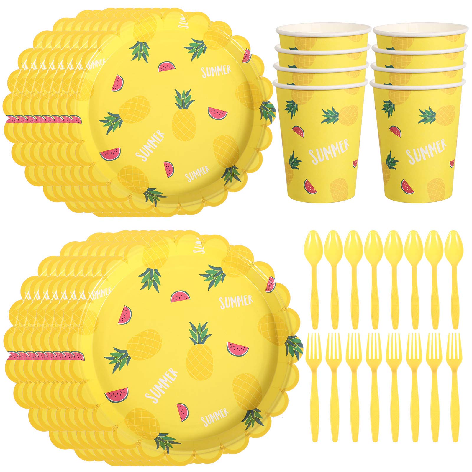 LUOZZY 40-Piece Pineapple Disposable Tableware Set - Plates, Cups, Spoons & Forks for Hawaiian Themed Parties, Birthday Celebrations & Summer BBQs