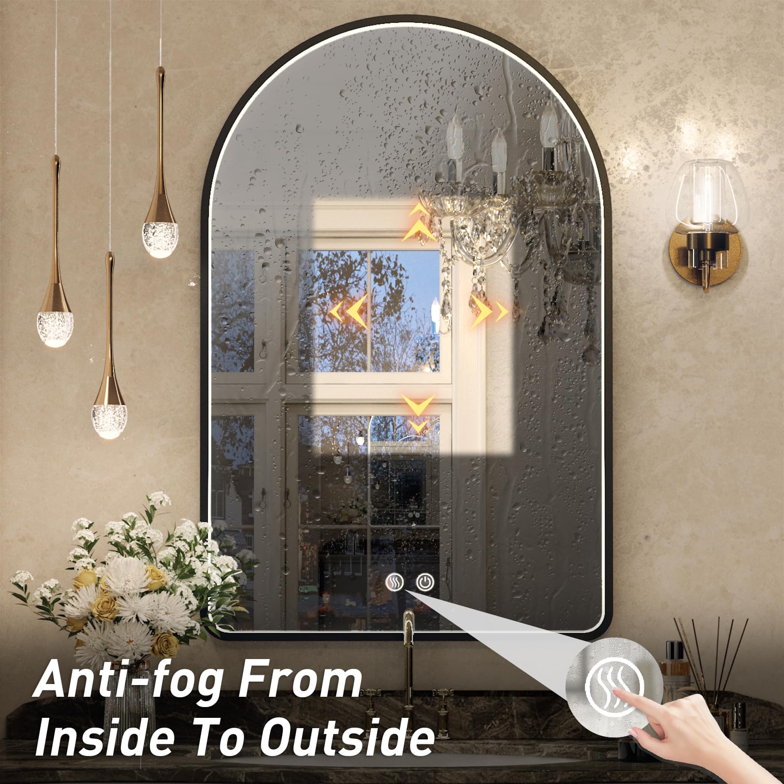 20X30 Inch Arched LED Bathroom Mirror with Anti-Fog & Dimmable Lights - Black Framed Vanity Mirror for Makeup, Shaving and Home Decor