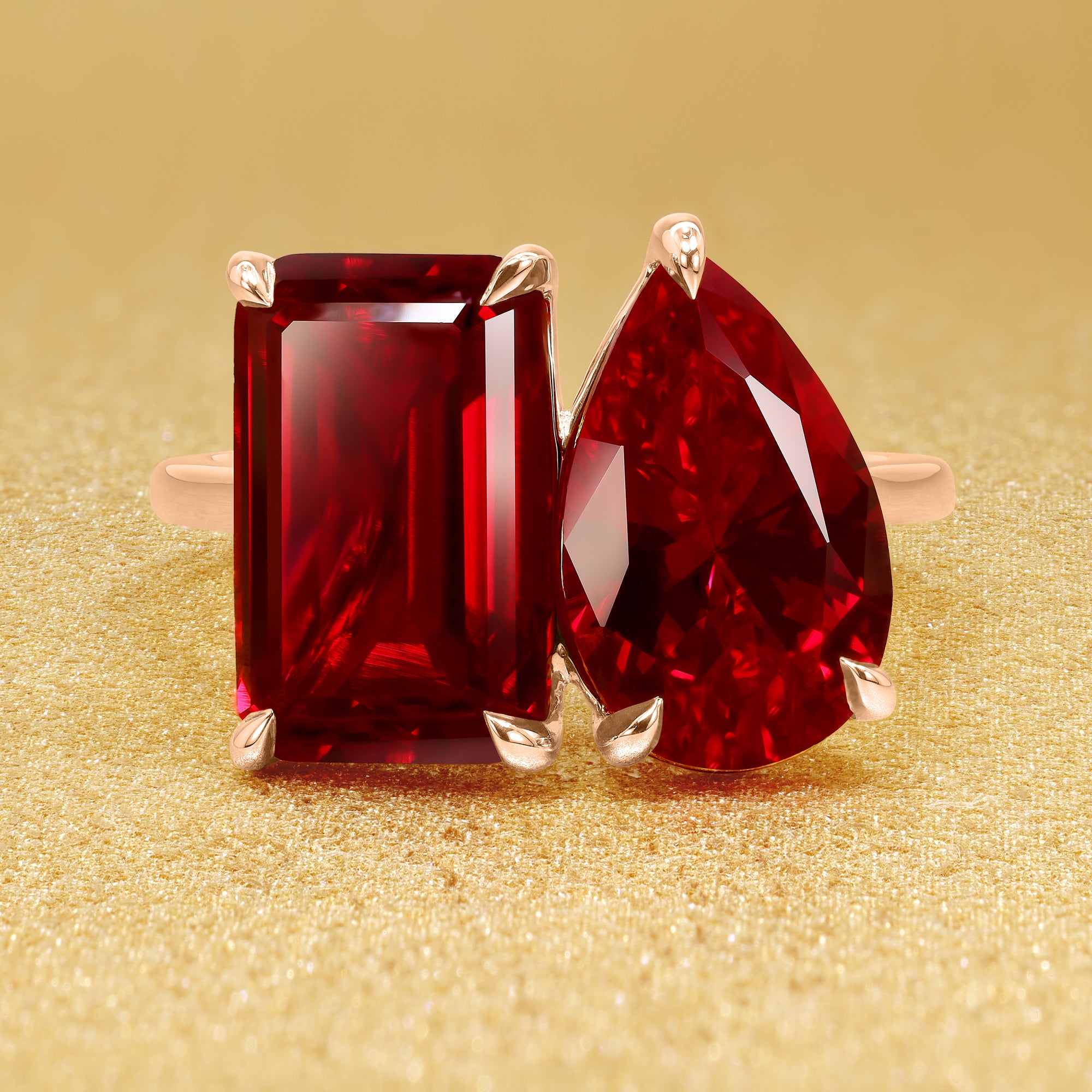 Gemini Sleek Cathedral Toi et Moi Ring - 6ctw Lab-Grown Emerald Cut Ruby & Pear Shape Diamond Ring for Engagement, Wedding, Anniversary - Perfect for Romantic Occasions & Special Gifts