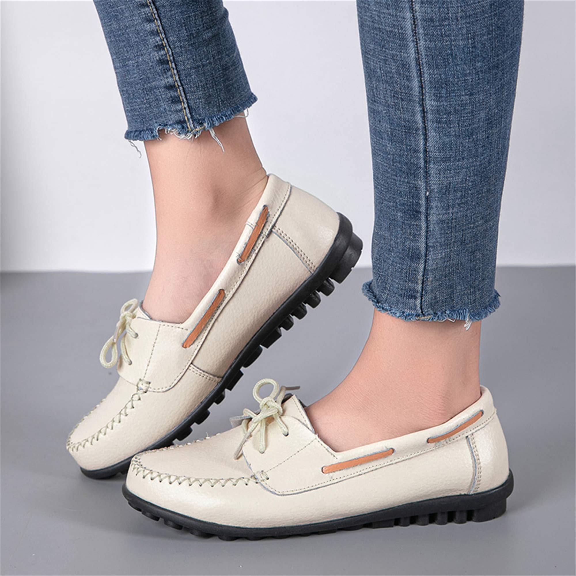 Women's Comfortable Leather Loafers - Slip On Soft Driving Shoes for Women - Casual Flat Shoes in Beige - Perfect for Work, Travel & Everyday Wear
