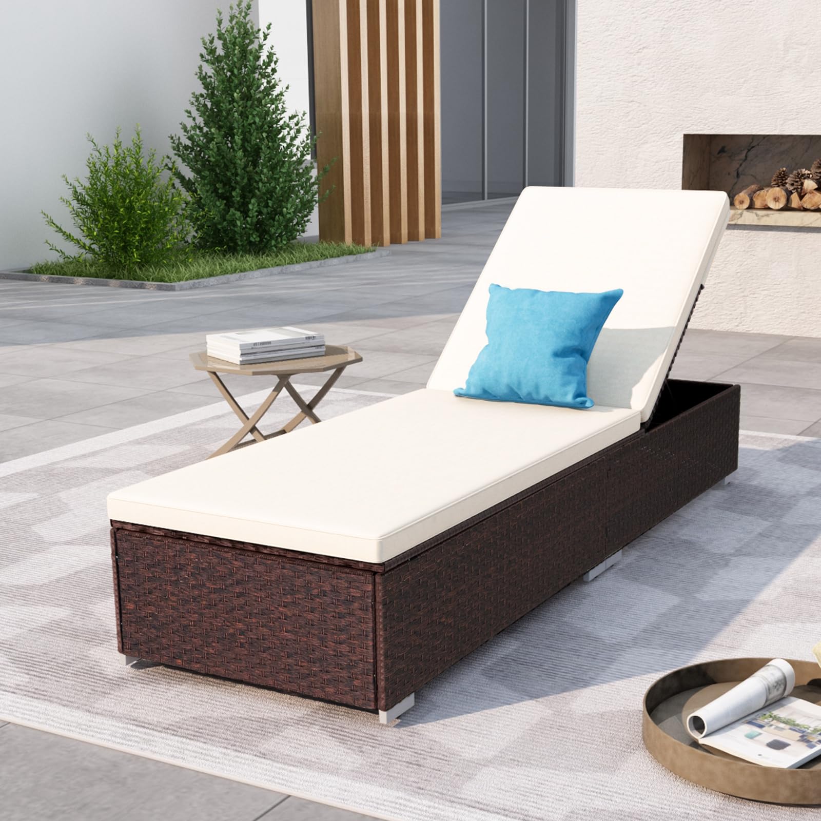 DIMAR GARDEN Outdoor Chaise Lounge Chair - Wicker Poolside Recliner with Cushion - Mixed Brown Patio Furniture for Backyard, Garden & Beach Relaxation