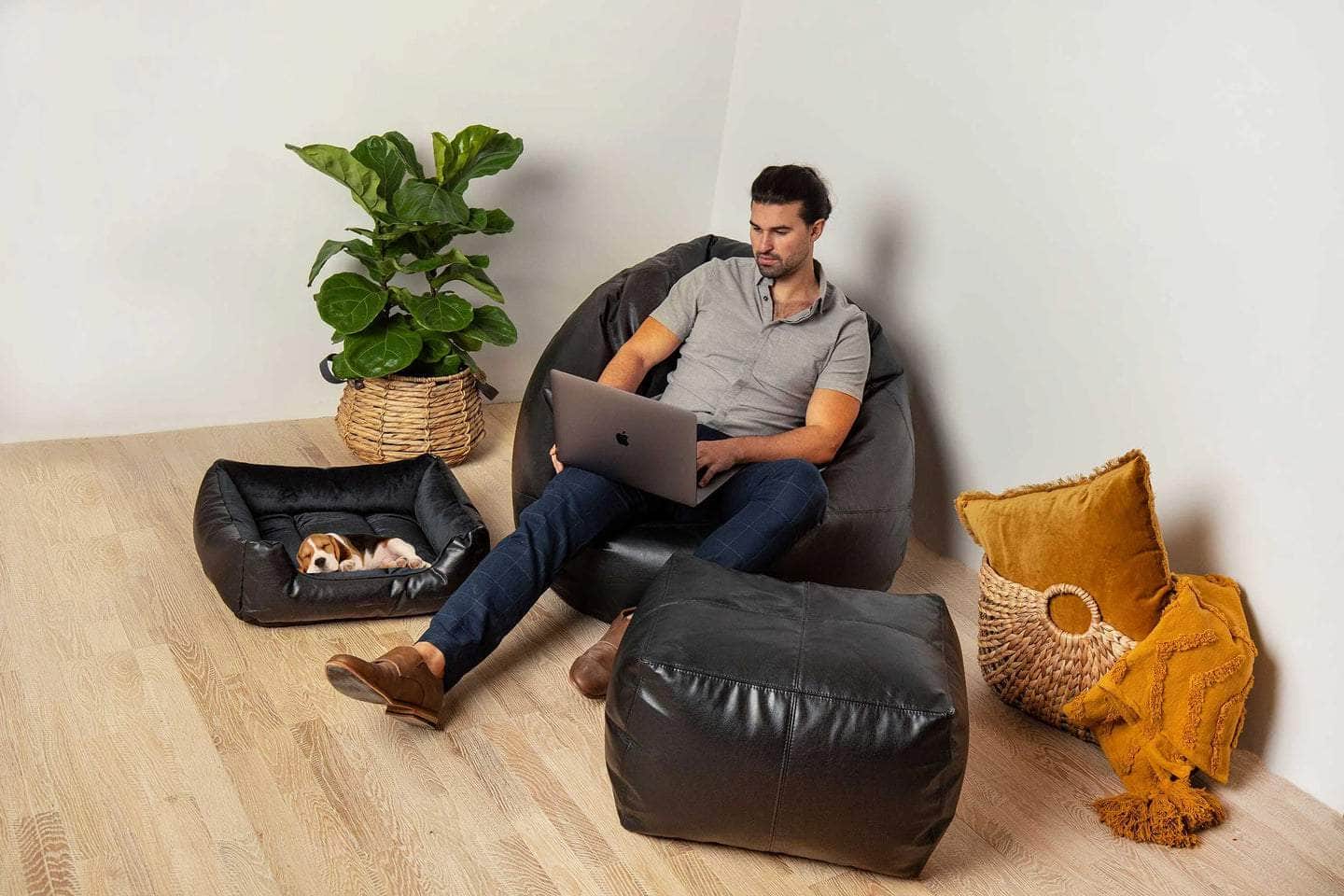 Vegan Leather Bean Bag Ottoman Foot Rest - Black | Comfortable & Stylish Footstool for Living Room, Bedroom, or Office