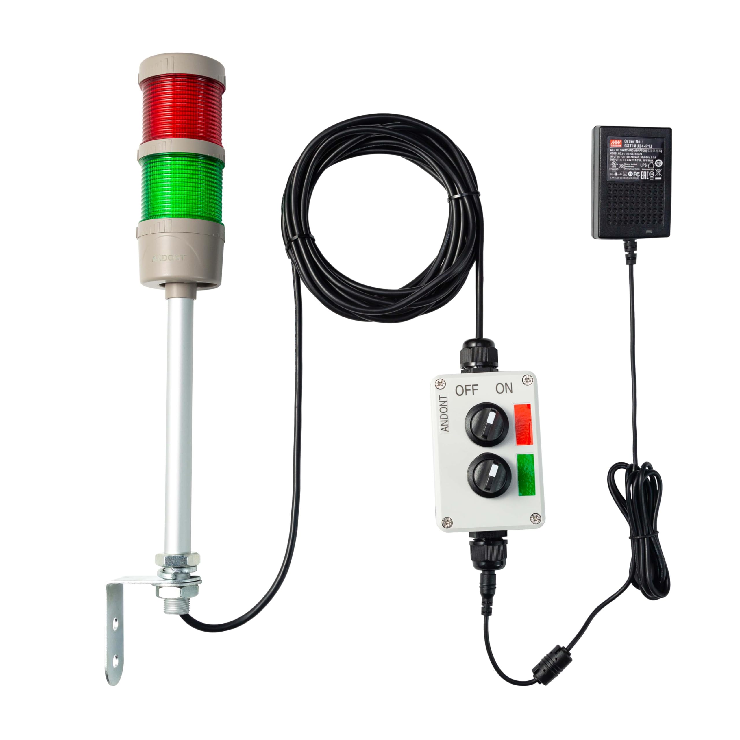 2 Stack Super Bright LED Andon Tower Lights - Red/Green, Off-ON, 16ft Extension Cord, 6ft Industrial Adapter, IP65 Waterproof, 2.36
