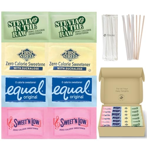 Zero Calorie Coffee Sweetener Packets - 425 Stevia & Brown Sugar Substitutes with Stirrers for Home & Office Use