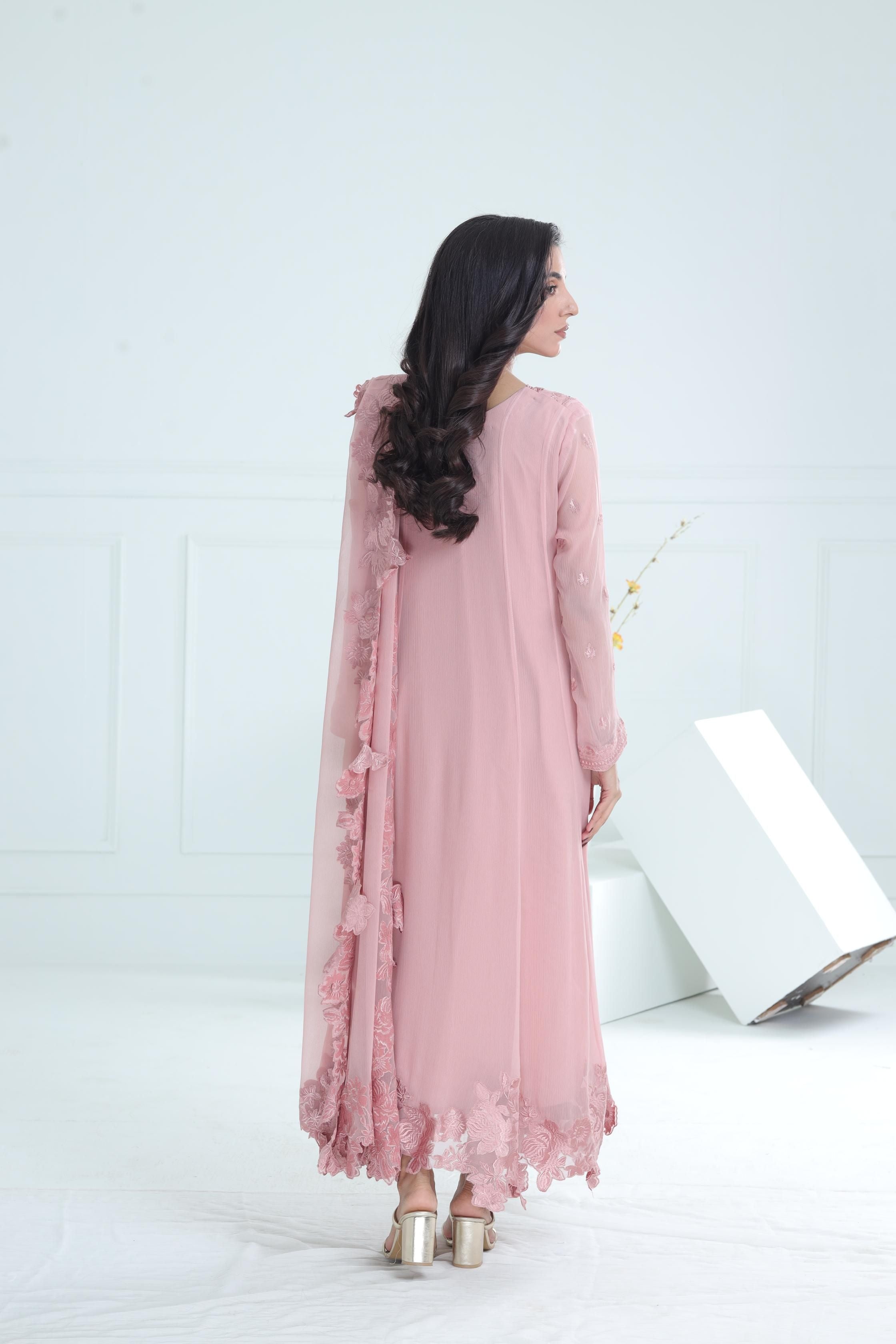 Elegant Chiffon Tea Pink Embroidered Suit for Women - Stonez | Perfect for Weddings, Parties & Special Occasions