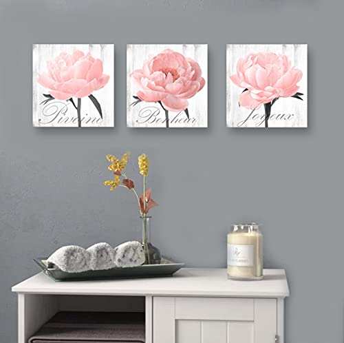 Framed Peony Wall Art - Pink Grey Flower Canvas Prints for Bedroom & Living Room Decor (16x16in x3) - Farmhouse Style Home Decoration