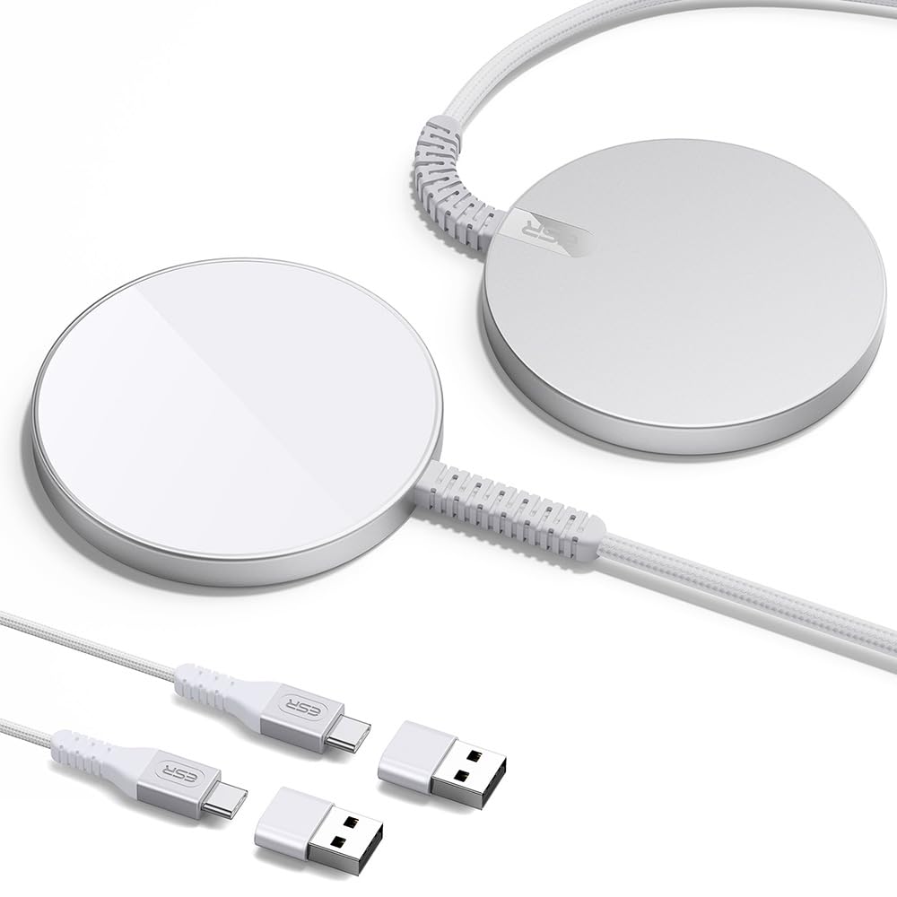 ESR MagSafe Wireless Charger for iPhone 15/14/13/12 Series - Strong Magnetic Lock, Braided Nylon Cable, Fast Charging (2-Pack, Silver) | Perfect for Home, Office & Travel Charging