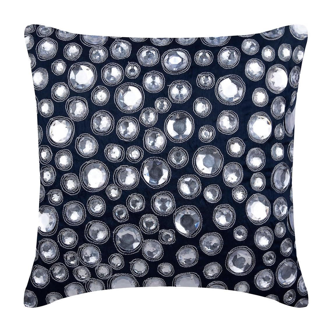 16x16 Inch Blue Silk Throw Pillow Cover with Zipper - Navy Night Diamonds Design with Circles, Dots & Zardozi Embroidery for Living Room, Bedroom Decor